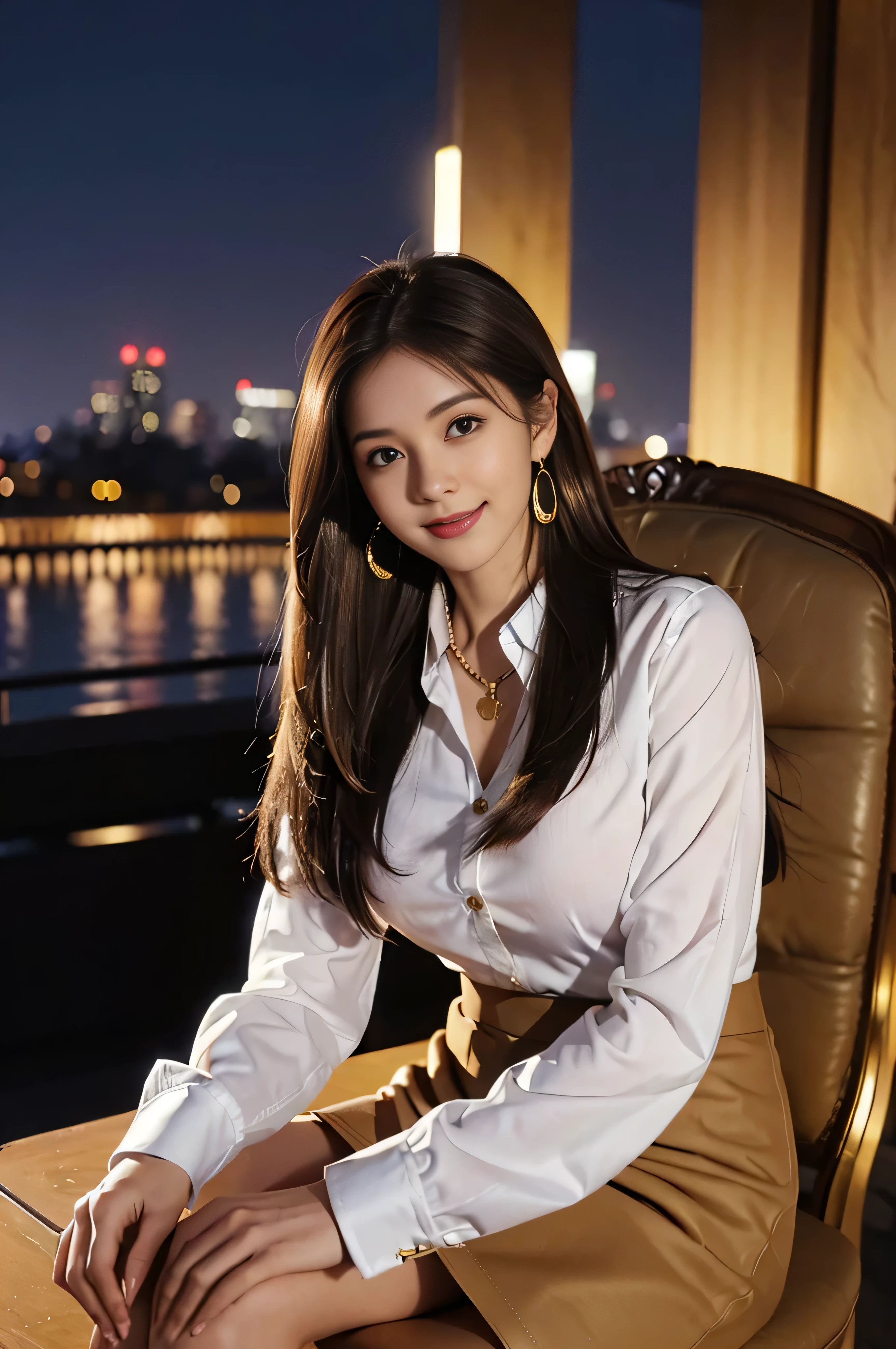 ((beautiful girl:1.3)) ((white long sleeve button up blouse_with collar_Delete up to the second button_茶色のプリーツmini skirt:1.3)), (((smile:1.2)) ((big breasts:1.2)) () ((close:1.3)) highest quality,masterpiece,ultra high resolution,(realistic:1.4),Raw photo,(real skin texture:1.3),(film grain:1.3),panorama,character portrait,very wide shot,tight waist,cowboy shot,(in the dark, deep shadow, private key, cold light,) night,(()),flowing tears,,dust,Tyndall effect,(performance),,Beautifully detailed eyes and face,white jabot,brown eyes,((brown hair:1.2)) ((full body:1.3))(long straight hair_Hair reaching down to the waist:1.3))((shy smile:1.3)),((gold necklace_Larger earrings:1.2)),((sit in a chair, night view terrace background:1.3)),mini skirt、legs are tightly closed