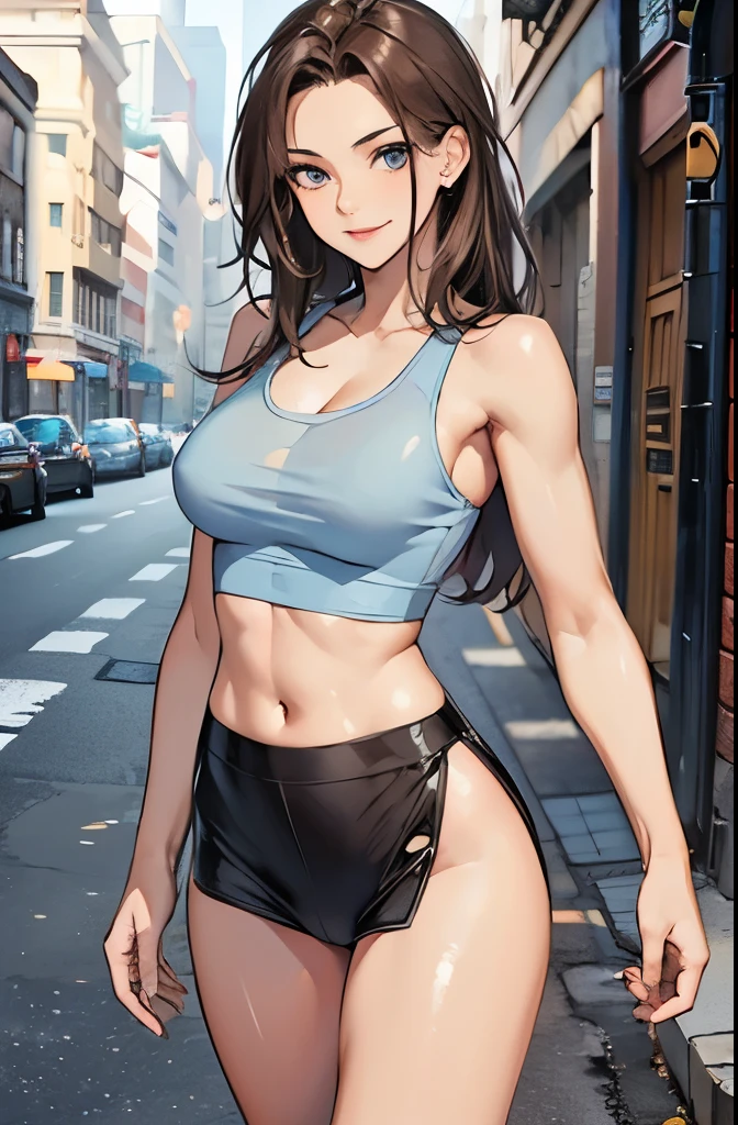 RAW photo, camera&#39;s line of sight, ((highest quality, 8K, masterpiece: 1.3)), sharp focus: 1.2, color see-through cropped tank top, Quite a feature, best smile, cute smile, beautiful woman with perfect style: 1.4, 20-year-old、thin abs: 1.2, dark brown hair, (Natural light, city street: 1.1), Highly detailed face and skin texture, fine eyes, No panties. sit down naked