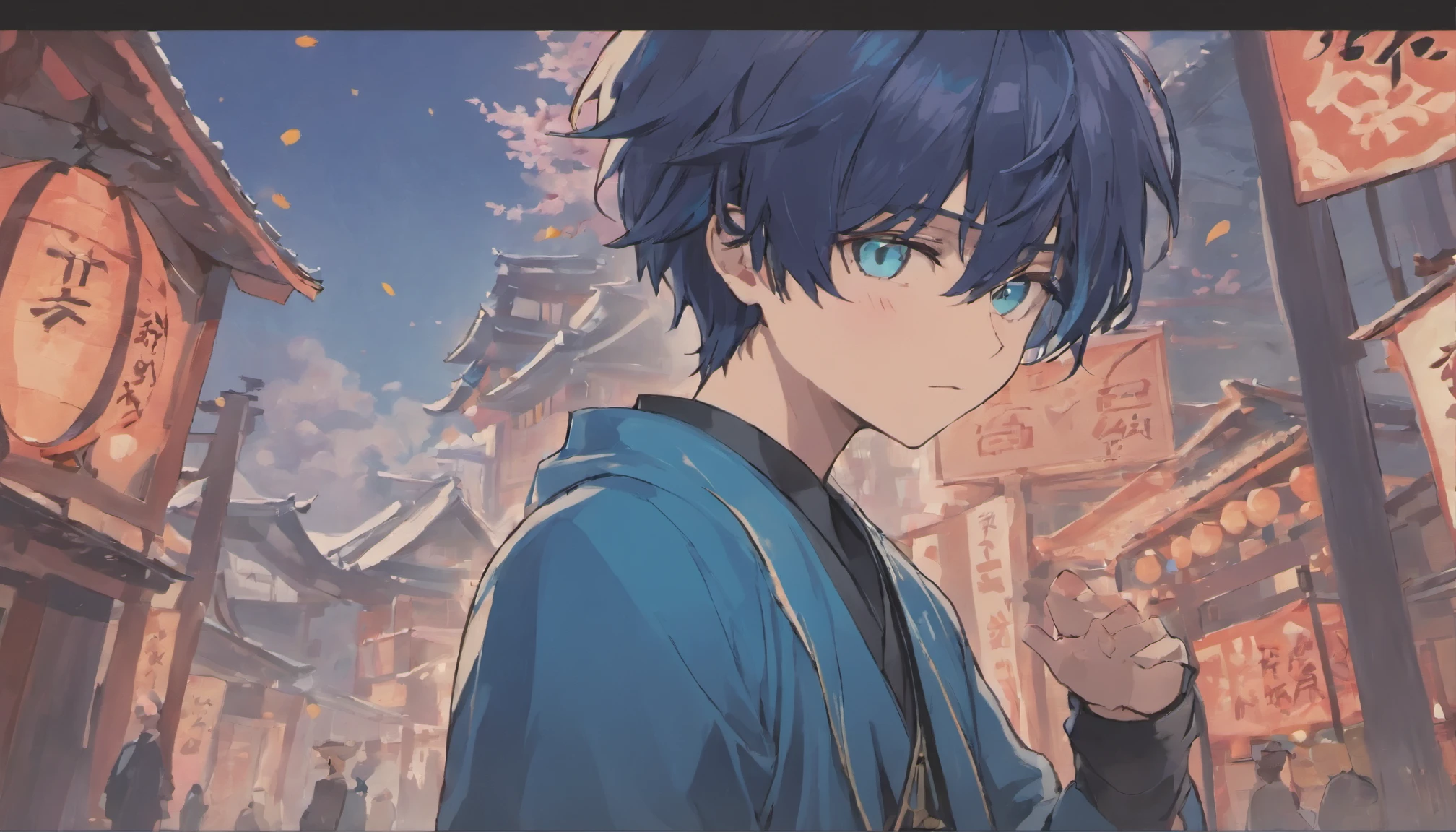 Handsome, elegant, virtual youtuber, anime boy, blue eyes, (big, clear eyes:1.3), navy hair, inspired by Okumura Masanobu, inspired by Okumura Togyu, Cartoon illustration of a boy, young anime man, Animation Moe Artstyle, male anime character, 2D animation style, illustration, inspired by Okumura Masanobu, inspired by Okumura Togyu, Panorama, japanese style building, mountain, light turquoise, dark pink, vibrant, eye-catching, Traditional Animation, dynamic movement, Cherry Blossom, shaking tree, layered image, travel, adventure, immersive, vintage charm, classic japanese art work, Contemporary Aesthetics, virtual personality.