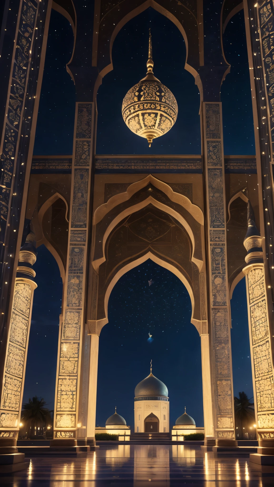 Craft a captivating 3D render showcasing the mesmerizing beauty of a grand mosque illuminated by lights at night, evoking a sense of awe and wonder. Keywords include 'mosque lights,' 'nighttime ambiance,' 'Islamic faith,' 'spirituality,' and 'serenity.' Employ realistic lighting and shadow effects to create a dramatic atmosphere, with the moonlight casting soft shadows and highlighting the intricate architectural details of the mosque. The composition should emphasize the spiritual significance of the mosque as a place of worship and contemplation, with the lights symbolizing the guiding presence of faith and enlightenment, wallpaper style--Stylize 500--style raw--chaos 10.