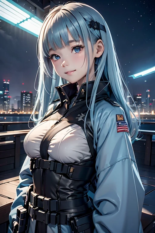 A futuristic world,a perfect illustration of artifical intelliengence,After 5143, 8K, Extremely detailed , flawless，hyperdetailed face，****************，Eight-headed body，Silky light blue hair，Bitgirl，Background of the near future，During night combat，Smile，Dress Type，Wear a khaki troop jacket,Japan representative jacket、With flag patch、matrix、blade nana