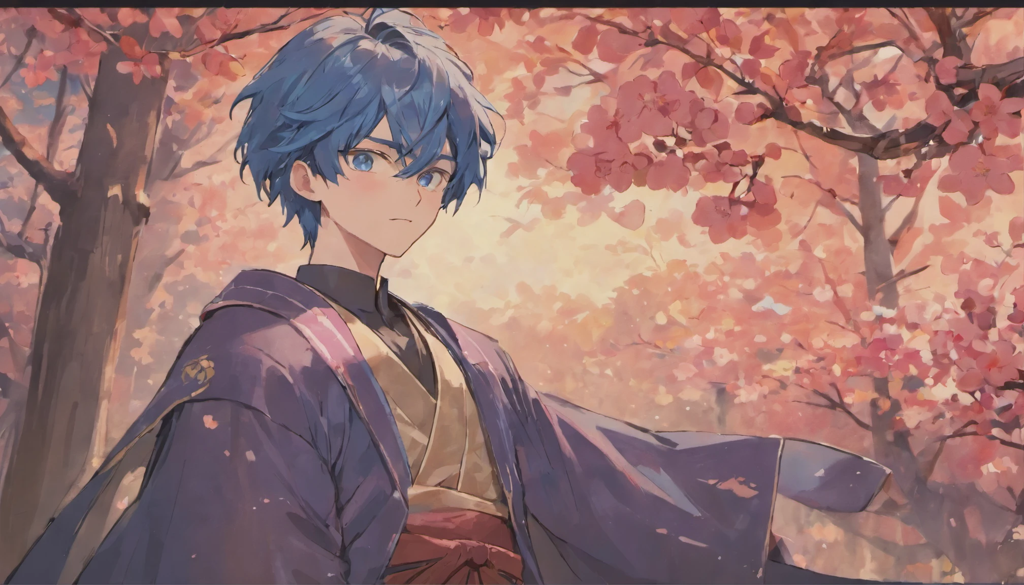 attractive, elegant, virtual youtuber, anime boy, blue eyes, (big, clear eyes:1.3), navy hair, inspired by Okumura Masanobu, inspired by Okumura Togyu, Cartoon illustration of a boy, young anime man, Animation Moe Artstyle, male anime character, 2D animation style, illustration, inspired by Okumura Masanobu, inspired by Okumura Togyu, Panorama, japanese style building, mountain, light turquoise, dark pink, vibrant, eye-catching, Traditional Animation, dynamic movement, Cherry Blossom, shaking tree, layered image, travel, adventure, immersive, vintage charm, classic japanese art work, Contemporary Aesthetics, virtual personality.