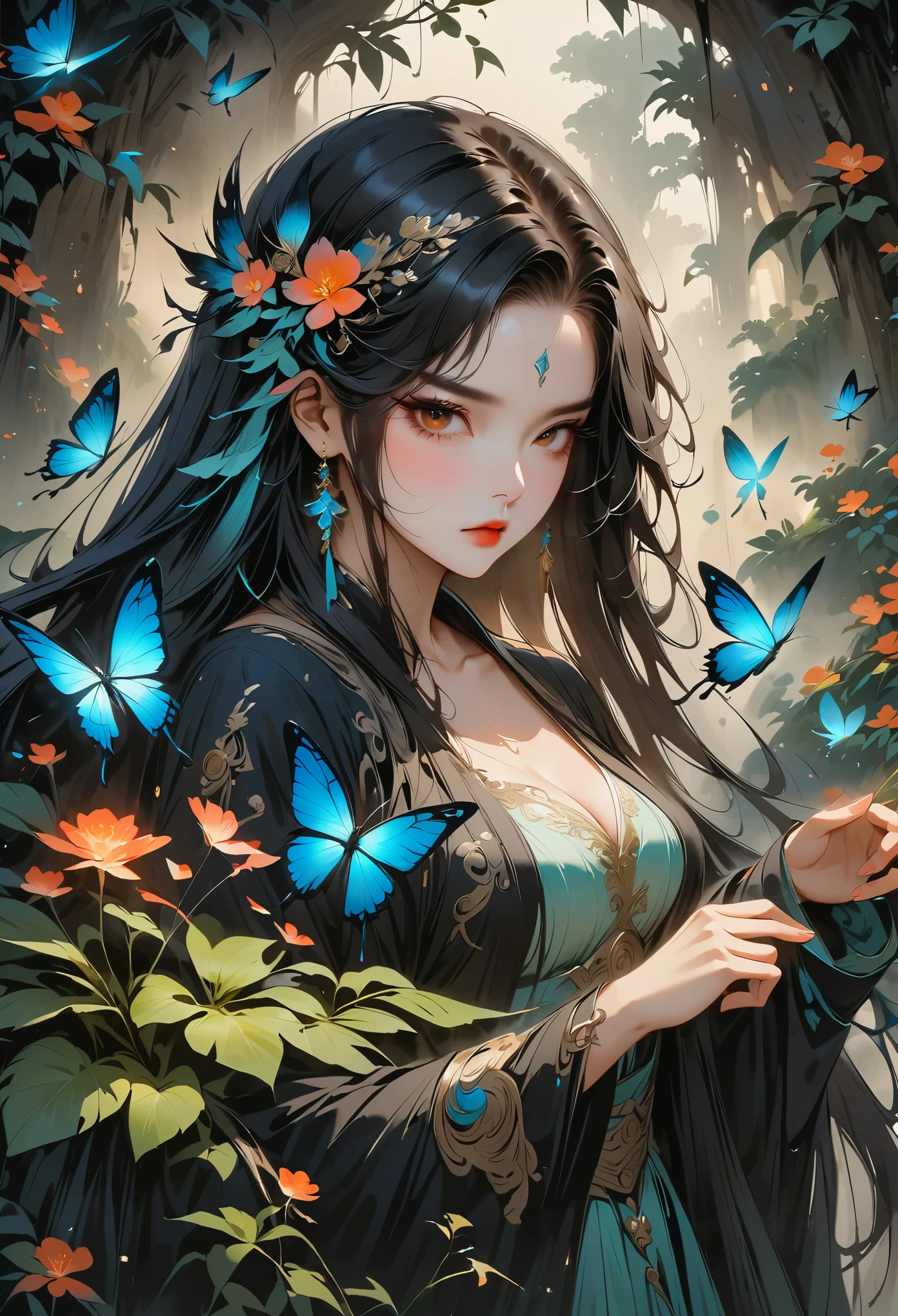 fantasy in glass, "Ethereal rose, adorable animal, glowing little mushrooms surrounded by delicate foliage and branch, and firefly and glowing particle effect", (natural elements), (jungle theme), (foliage), (branch), (firefly), Butterfly, (delicate foliage), (glow), (particle effect), Surreal, super detailed, dramatic lightning, 4K, masterpiece,