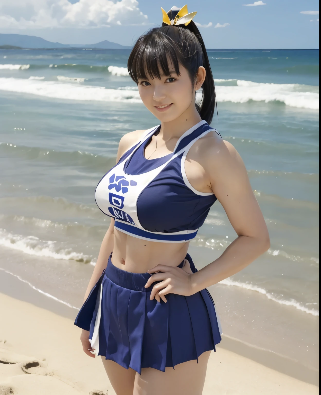 (highest quality:1.2),(perfect beautiful face:1.2),(perfect and beautiful posture:1.2),(japanese woman:1.1), ponytail hair,On the beach of a deserted island, smile, (Chunky muscular body:1.2),Ultra-high precision photos,clear eyes, (blue japanese clothes:1.3,cheerleader style costume),(DOAKasumi:1.1)