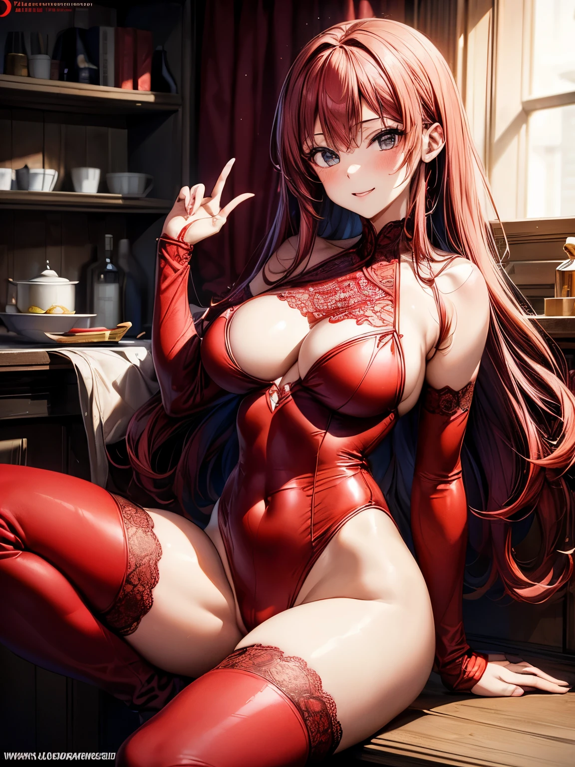 highest quality、((one beautiful woman))、beautiful big breasted woman、straight hair woman、red hair woman、smile、lace queen costume、((A woman wearing a red leotard with a logo))、Exposing the belly、red arm cover、woman wearing long red boots、formula 1、F1 Racing、racing car、naughty pose