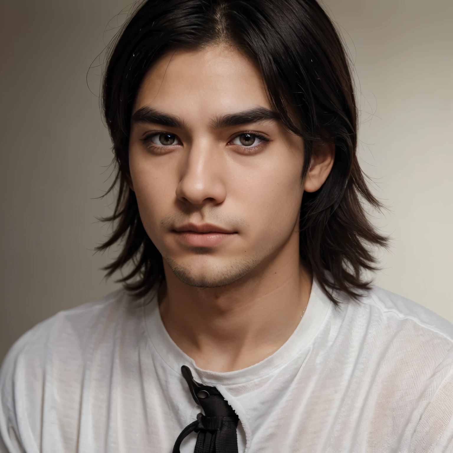 a guy, with black hair, monolid eye, thick eyebrow and brown eye color, also white skin
