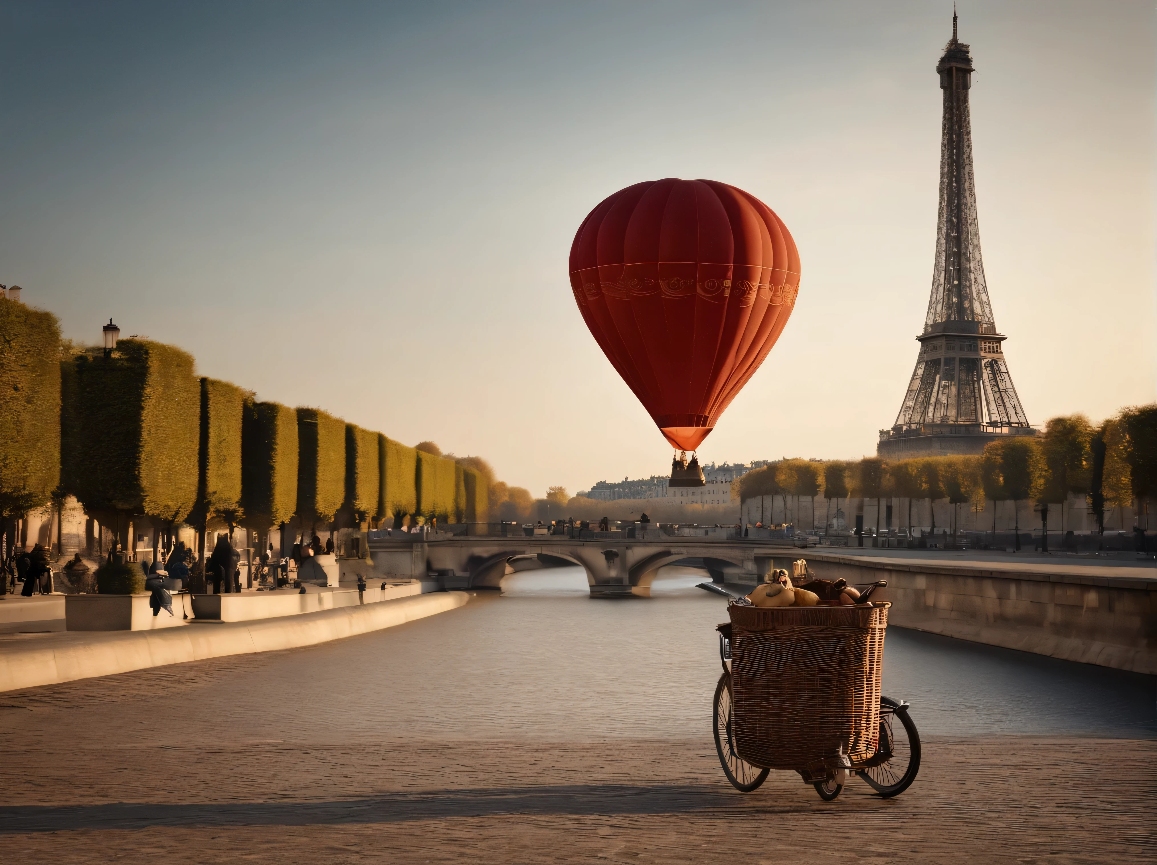 Streets of Paris, France, 19th century,Eiffel Tower in the background,There is a hot air balloon floating at the height of the roof in the close shot,overlooking angle,The hot air balloon occupies half of the frame,There is a sitting in the basket of a hot air balloon