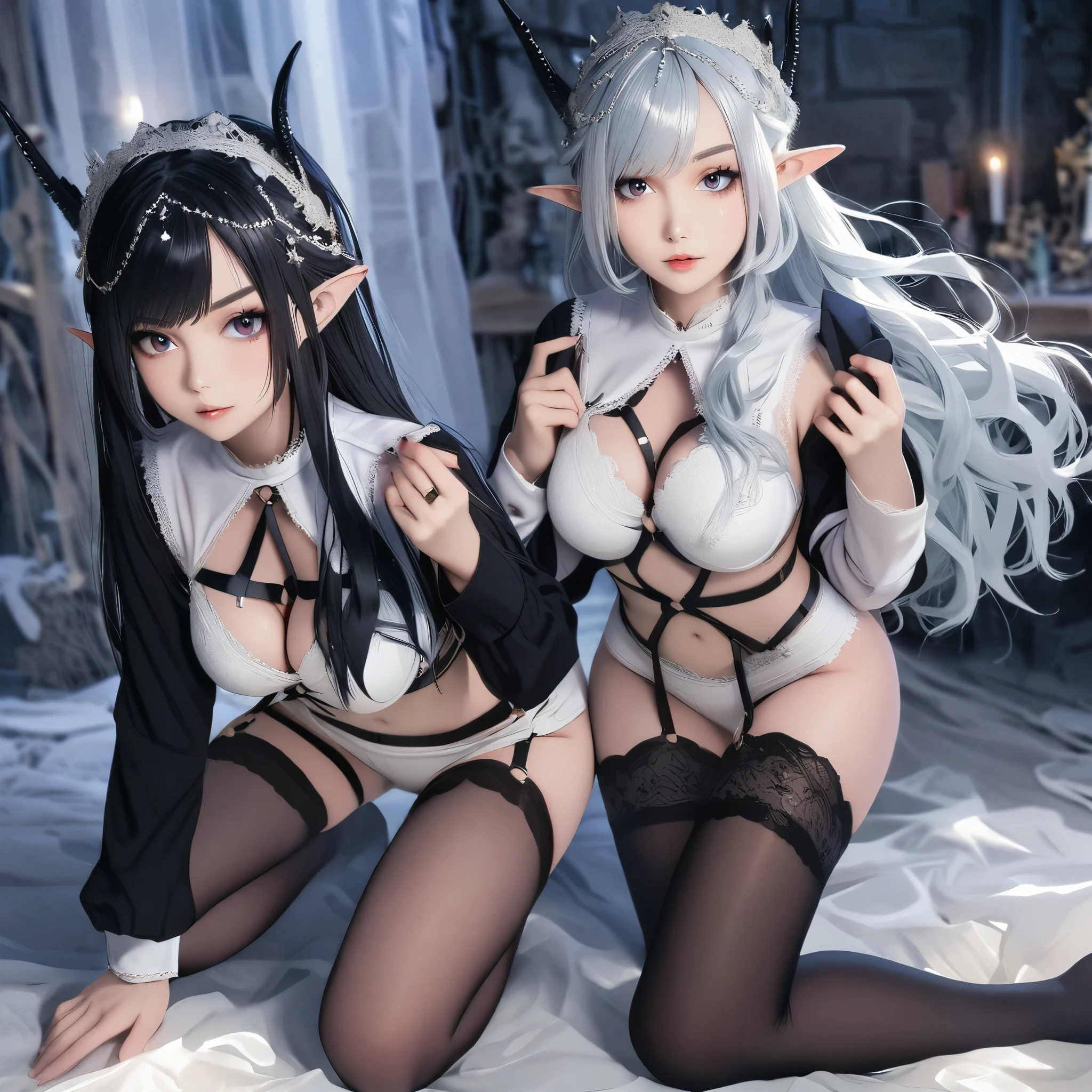 Dark Elf, 2girls, pointy ears, thighhighs, long hair, kneeling, black hair, looking at viewer, white hair