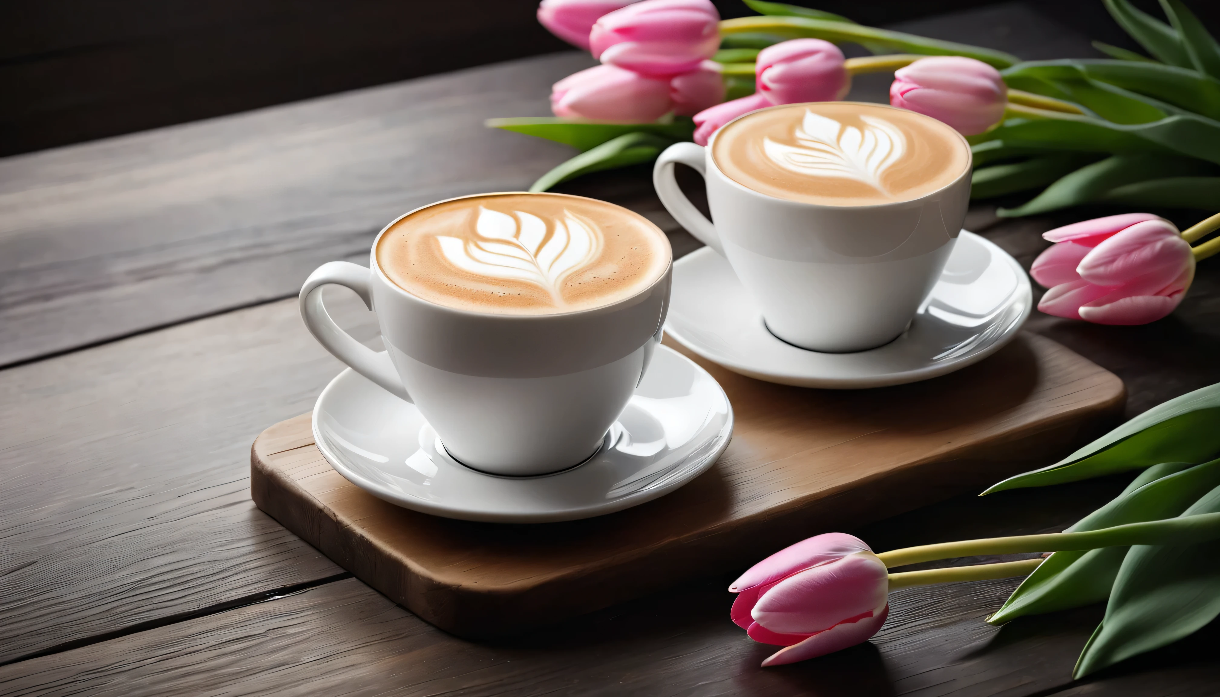 Two pink and white tulips neatly arranged on a wooden table.BeautiFul latte art For a cup oF latte coFFee.There is slight smoke in the black frosted ceramic cup.Sophisticated and elegant..超级detailed.detailed,tonal texture.Obvious contrast oF light and shadow.High-end and quality.halF-length view , 50mm , F/1.8 , Shutter speed 1/60 , ISO 50 ,Color temperature 4000k, masterpiece.First-person view.no humans.super wide angle, Fresh and bright light and shadow.Excellent composition.Leave space at the bottom oF the screen.Tulips out oF Frame.outer boundary, anatomically correct, best quality, masterpiece