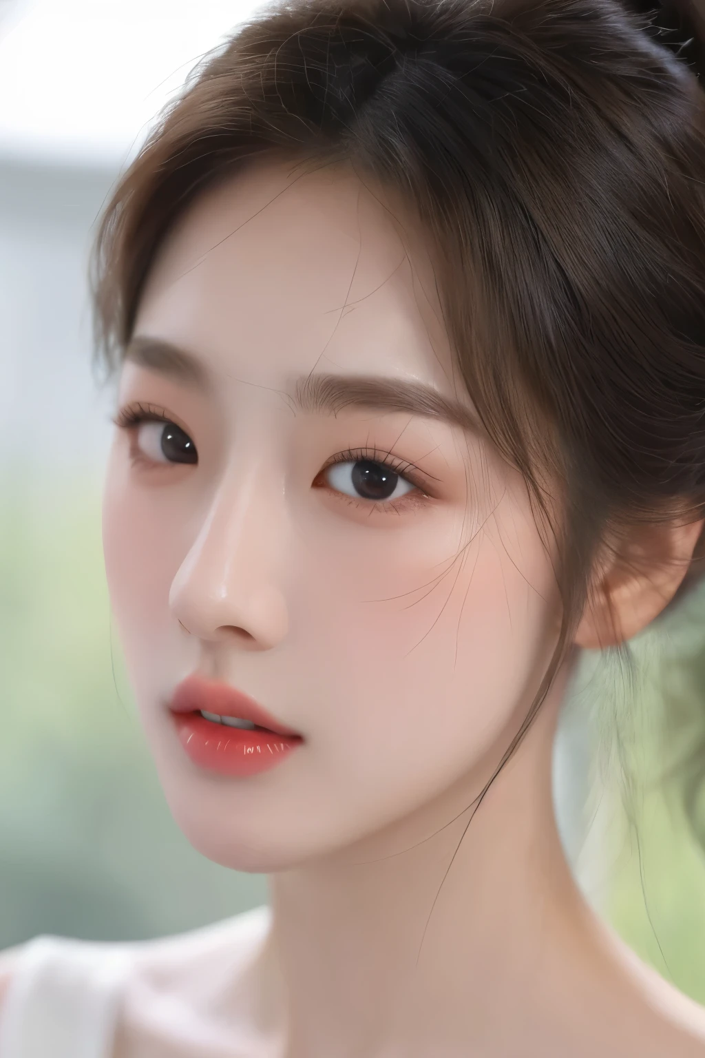 （（best quality，masterpiece，8K：1.4））a korean girl，beautiful face，realistic：1.3，lifelike，real picture，Detailed facial details where pores can be seen，goddess，Super realistic facial close-ups，white shiny skin，Moist，Sexy，Light brown slightly curly long hair，Detailed hair strands，Detailed facial textures，