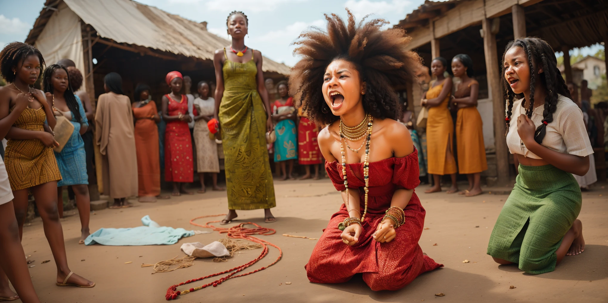 A caramel skinned teenage African lady kneeling in village square, face raised, pulling her Fluffy Afro hair tightly with both hands, shouting, tears, exaggerated expression of Rage, she is wearing a Red Ankara dress, beads and a white veil scattered around the floor, Another slim teenage lady with cornrow braids is standing among crowd of villagers with a leaf green Ankara dress, folded arms, angry, Perspective Shot, Cinematic, Dept of field, Digital Art Style