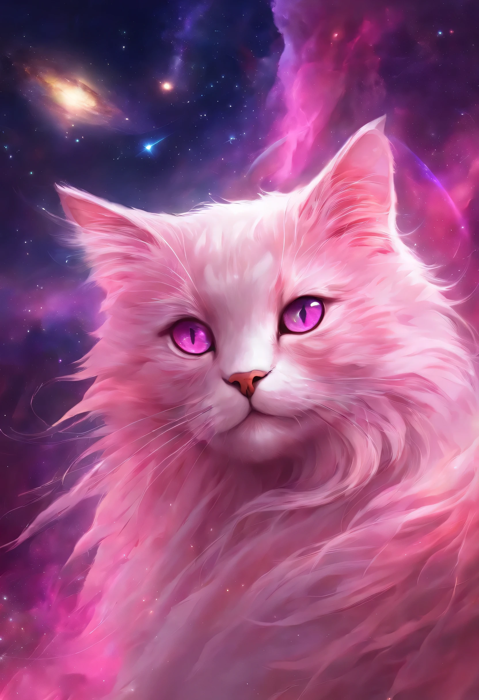 (pink eyes,Cat,outer space),painting,space background,Galactic Nebula,Cat's fur details,Northern Lights Colors,shining stars,High resolution,lifelike,soft light