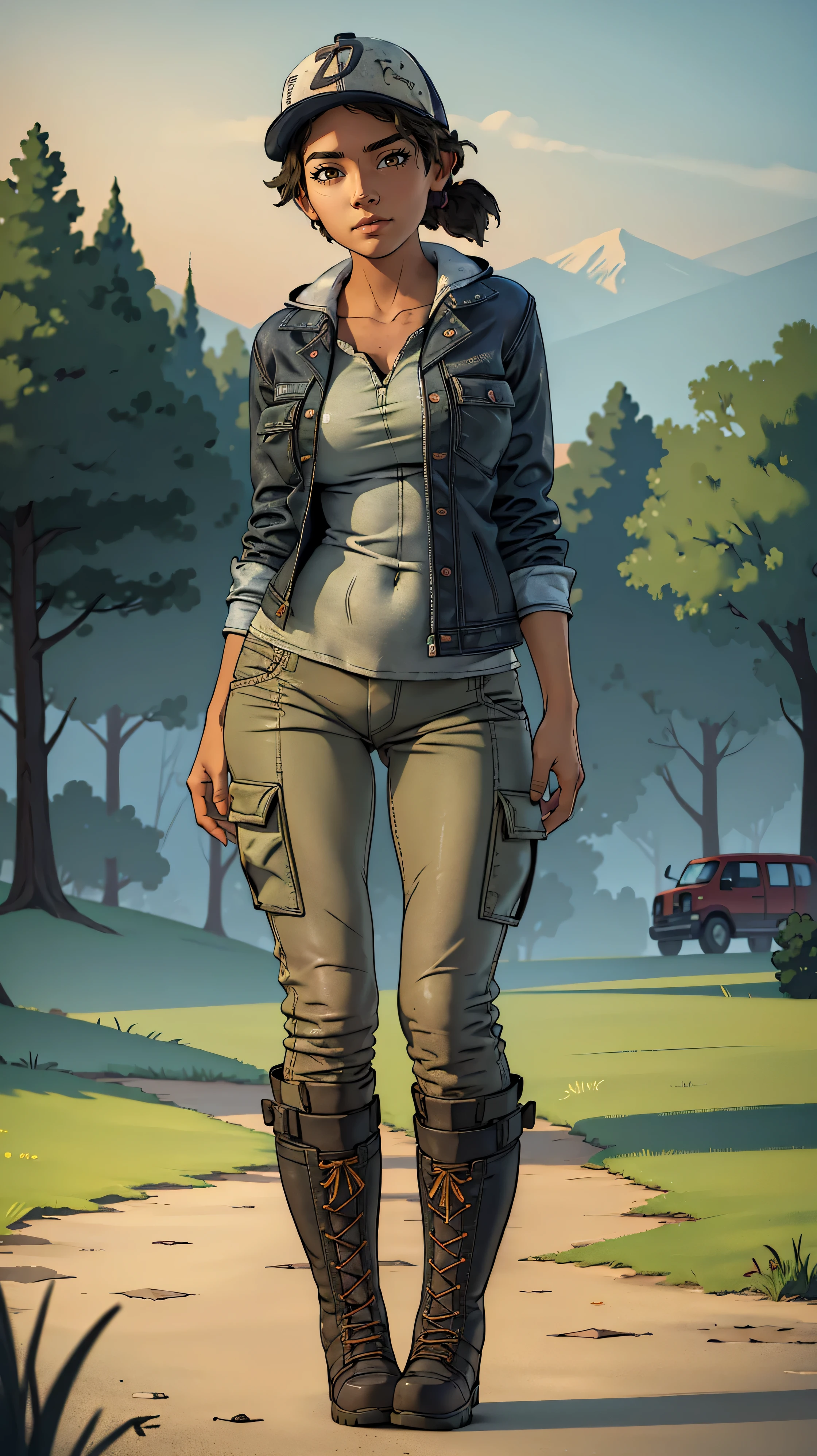 ((masterpiece, best quality)),(complex lighting) ,solo,(((1girl))) ,clementine, light skin,light-skinned female, baseball cap, green cargo pants, brown eyes, tight pants, combat boots, shirt, short hair, one short ponytail, open denim jacket, huge butt, thicc butt , (((8k))), (((full body))), (((bent over))), (((looking at the viewer))), (((view from in front of her))), big breasts