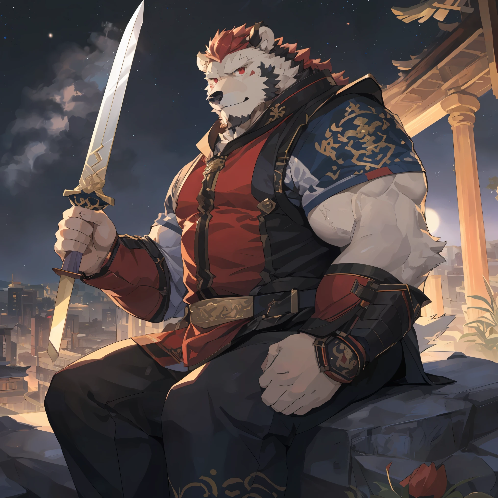 (polar bear),(赤红流火General战袍),Holding a long sword,坚Strong姿态,Sitting calmly on the edge of the cliff,(The brightly lit city is in the background.:1.2),abdominal muscles,chubby,heroic posture飒爽,完美的masterpiece,Various facial details,distance perspective,specific description,masterpiece,CG,(Red eyes),dark red pattern,Crimson tail,General,heroic posture,Huge bear,light gray fur,specific facial details,Half body,(赤红General战履),(Chang Ling),((middle aged)),(Face focus),(16K),HD,Abdomen red and white,temple,beard,(Noodles),different students,(Crimson ancient tabard),(dark red hair),Strong,muscle,(High resolution:1.3),(Sitting on the edge of the cliff watching thousands of lights)