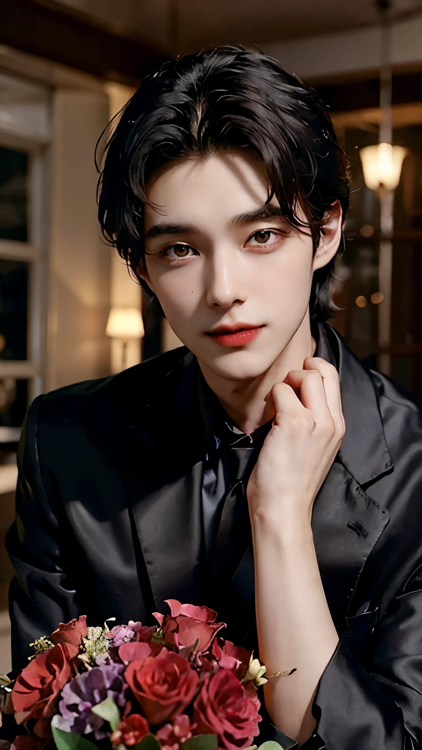 Handsome Jonathan Watson man dark hair black suit vampire look short upper body smiling looking at you 20-year-old Luxuriously decorated room red wine glass red heart Dazzling lights