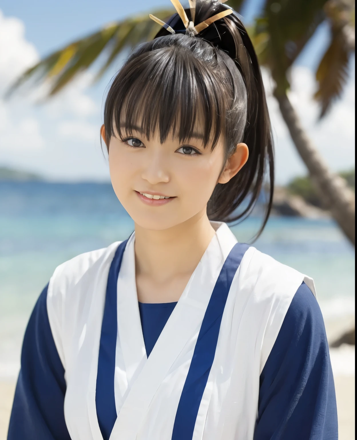 (highest quality:1.2),(perfect beautiful face:1.2),(perfect and beautiful posture:1.2),(japanese woman:1.1), ponytail hair,On the beach of a deserted island, smile, (Chunky muscular body:1.2),Ultra-high precision photos,clear eyes, (blue japanese clothes:1.3),(DOAKasumi:1.1)