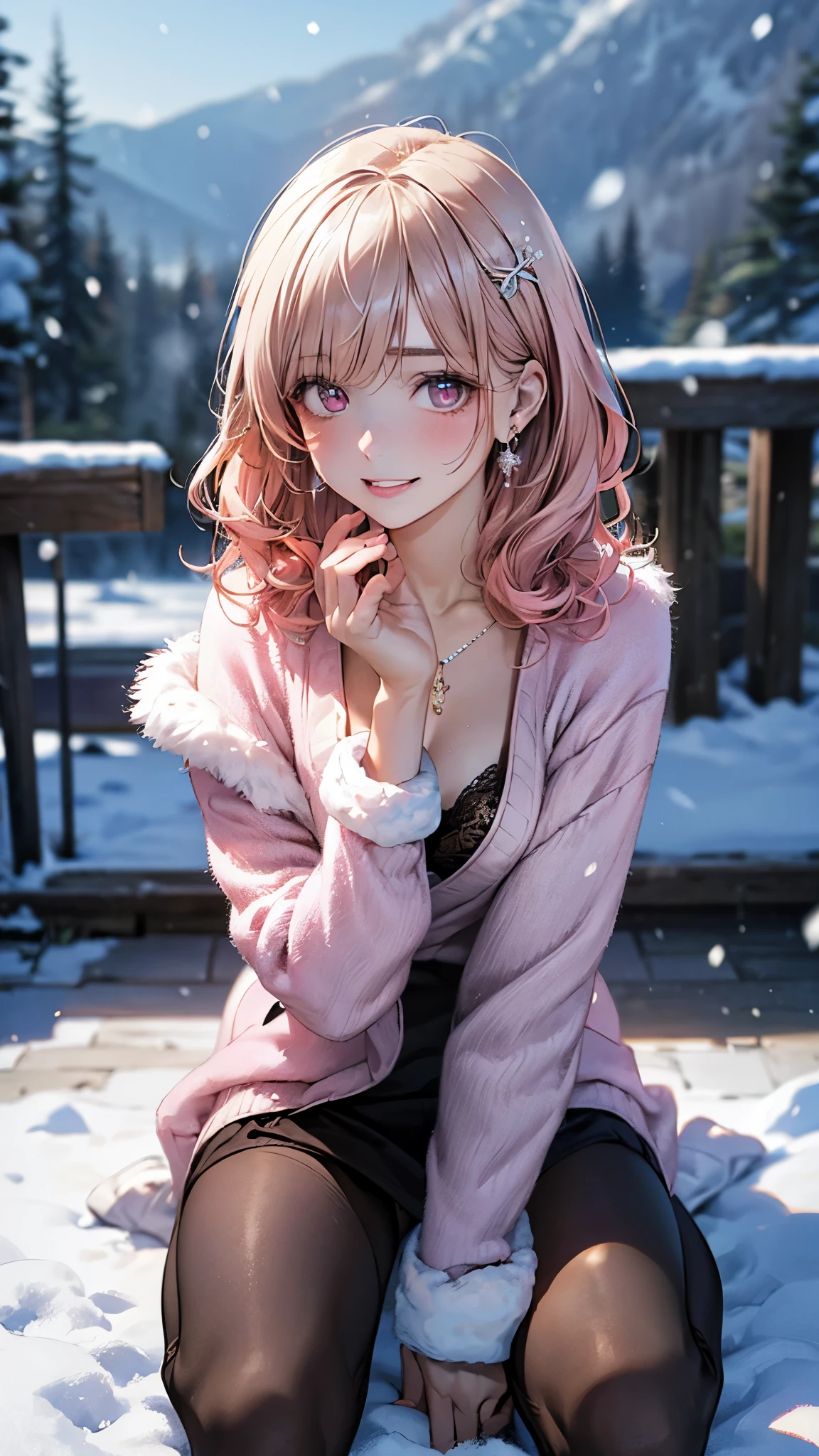 (masterpiece:1.3, top-quality, ultra high res, ultra detailed), (realistic, photorealistic:1.4), beautiful illustration, perfect lighting, natural lighting, colorful, depth of fields,
beautiful detailed hair, beautiful detailed face, beautiful detailed eyes, beautiful clavicle, beautiful body, beautiful chest, beautiful thigh, beautiful legs, beautiful fingers,
looking at viewer, full body, 1 girl, princess, perfect face, (perfect ???????, anatomically correct), cute and symmetrical face, babyface, shiny skin, (tsundere:1.3),
({short hair | long hair}, curly hair, light pink hair), bangs, brown eyes, drooping eyes, long eye lasher, (medium breasts), slender, hair ornament, lace-trimmed hairband, necklace, earrings,
((pink jacket), sweater, loose socks, ), sleeves past wrists, white headwear, leg warmers, jewelry, fur trim, pom pom (clothes), socks, pantyhose, long sleeves, white fur-trimmed_boots,
(beautiful scenery), evening, mountain, snow, winter, (snowing:1.2), snowflakes, dynamic pose, (seductive smile, upper eyes, parted lips),
