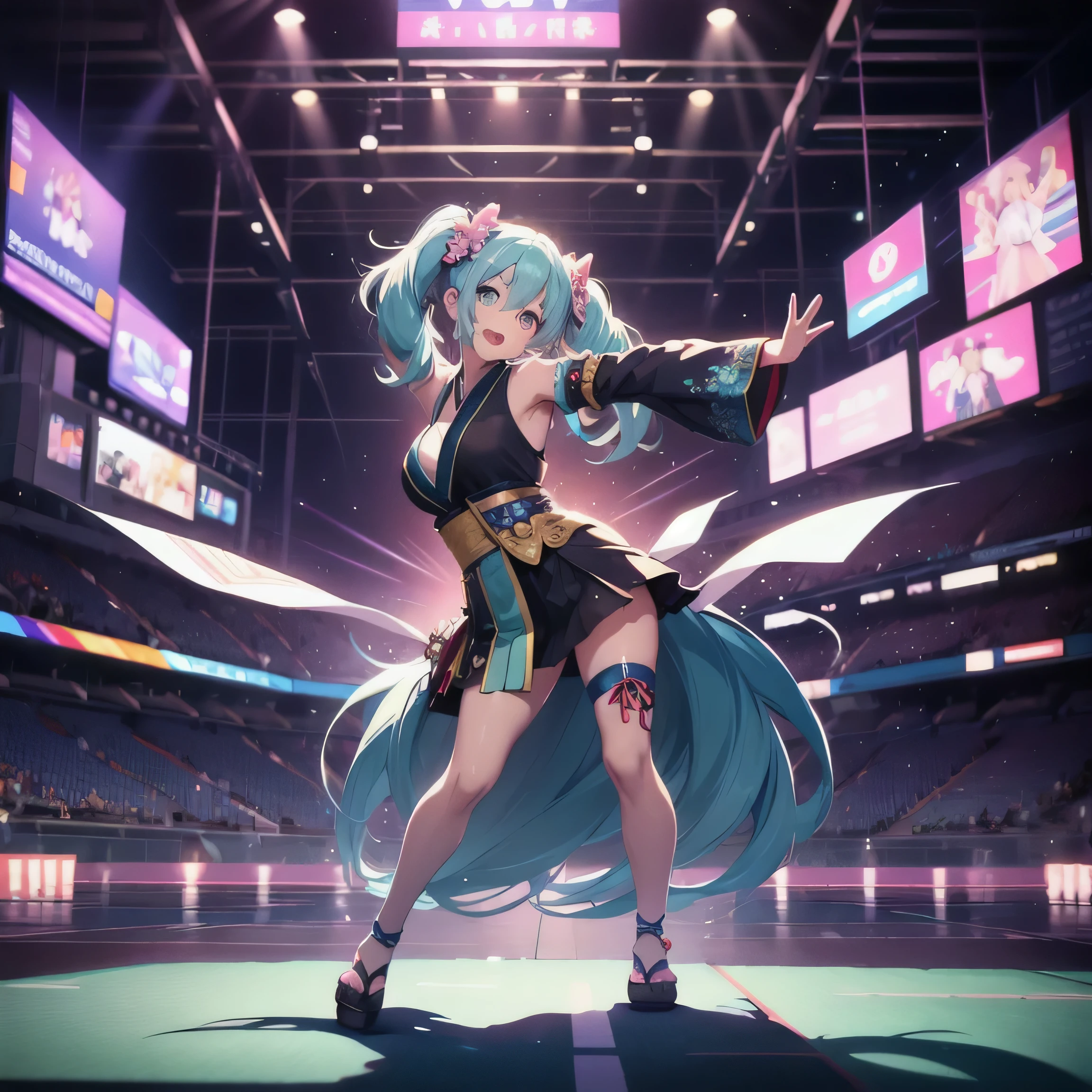 Hatsune Miku。kimono。Daruma quilt。dancing arafi girl, kawaii playful pose of a dancer, crazy dance pose, she is dancing. realistic, died, Shahi, dancing character, anime pose, Summer all over the body, family, she is dancing, dynamic dance pose, as though she is dancing, dancer, perfect dynamic pose