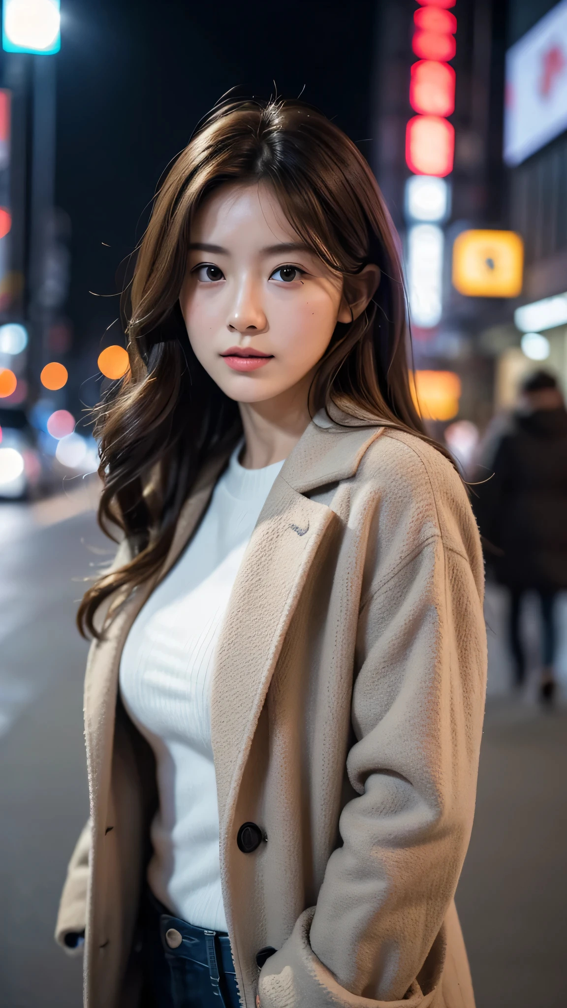 (masterpiece, best quality, hires, high resolution:1.2), (extremely detailed, intricate details), (medium close-up:1.2), in the night, in winter, (medium shot:1.2), (face focus:1.1), (soft focus:1.2), low lighting, (out of focus:1.2), photorealistic, raw, 8k, ((textured skin:1.1, skin pores:0.3, realistic skin:1.1)), intricate details, (ultra sharp image), 25 years old gravure girl, slender arms, light brown hair, wavy hair, ((long wavy hair)), big breasts, ((complete closed mouth)), standing in Tokyo city, in the style of mono tone color, cold winter fashion clothes, with simple coat, natural beauty, close-up shot,