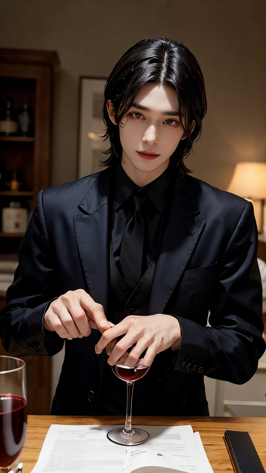 Handsome Jonathan Watson man dark hair black suit vampire look short upper body smiling looking at you　20-year-old　Luxuriously decorated room　red wine glass　red heart　Dazzling lights