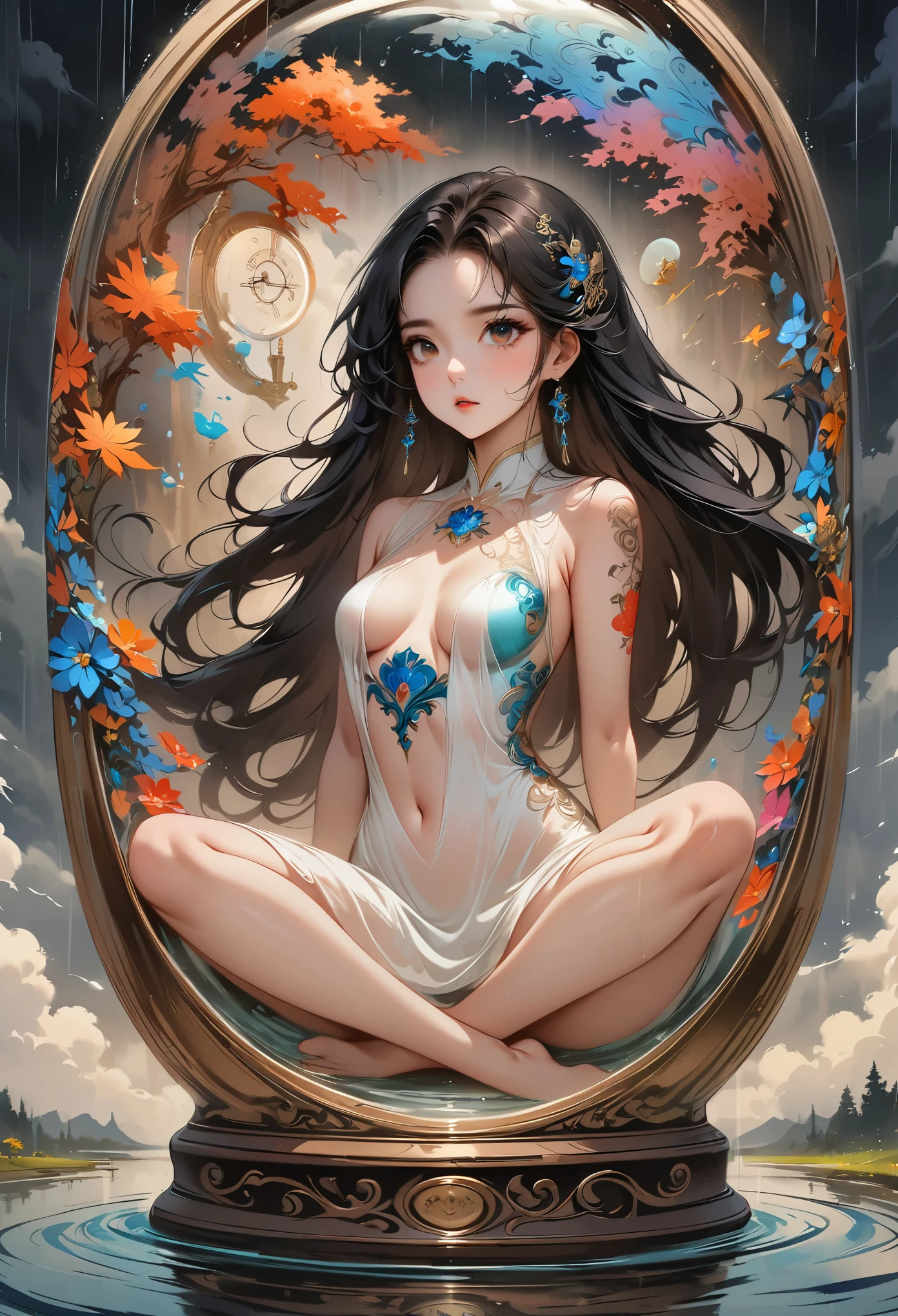 (masterpiece), best quality, expressive eyes, perfect face, Huge hourglass, antique hourglass, floating antique clock, beautiful girl inside hourglass, Beautiful latin girl behind clock glass, floating antique clock, lamp , lantern, dark night sky, cloudy sky, rain clouds with lightning, beautiful The girl looked up, long black hair, dark, High resolution, 8K, Beautiful latin girl face, cruel beauty, Transparent white silk dress, Style beauty, light fog. paint splash. magic spell. Baroque elements, intricate oil painting, swirling bubbles and fountains, whole body, Very detailed (fractal art: 1.3), rich and colorful, More detail, faint smile, sit on stool,, view, 1 sexy girl in transparent clothes, Small breasts exposed, Transparent open T-shirt, Mandala and flower tattoos, best quality, Black and brown hair blend in water, Nude girls, beautiful visible, Visible small breasts, Perfect hair, Perfectly plump lips, Delicate and perfect figure, number, Intricate eyes looking upward, The girl looked up, Metallics and enamels, art, Finely drawn hands; magic garden, metal rose, autumn leaves, Metallics and enamels, meditation, girl in a state of meditation, rain, wop style art, Latina girl with tanned skin, shiny brown skin, Walking barefoot on the grass in the garden, Scene inside the glass hourglass, floating antique clocks, Impressionist art,