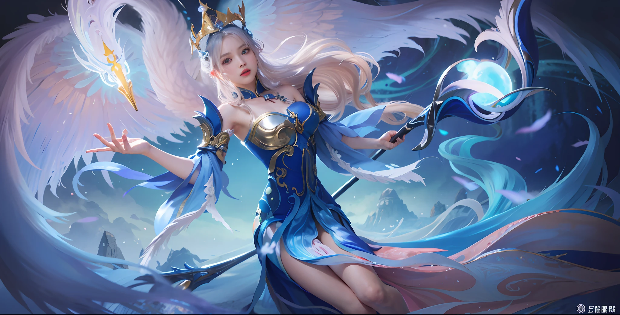 Girl in a blue dress, wearing a crown and holding a sword, a majestic angel with a whole body, a beautiful celestial mage, inspired by Lan Ying, a full-body fairy, Mu Yanling, the queen of the sea, the mysterious Valkyrie Atlantis, Hirase Jinyao, inspired by Ju Lian, IG model |Artgerm, as a mysterious Valkyrie