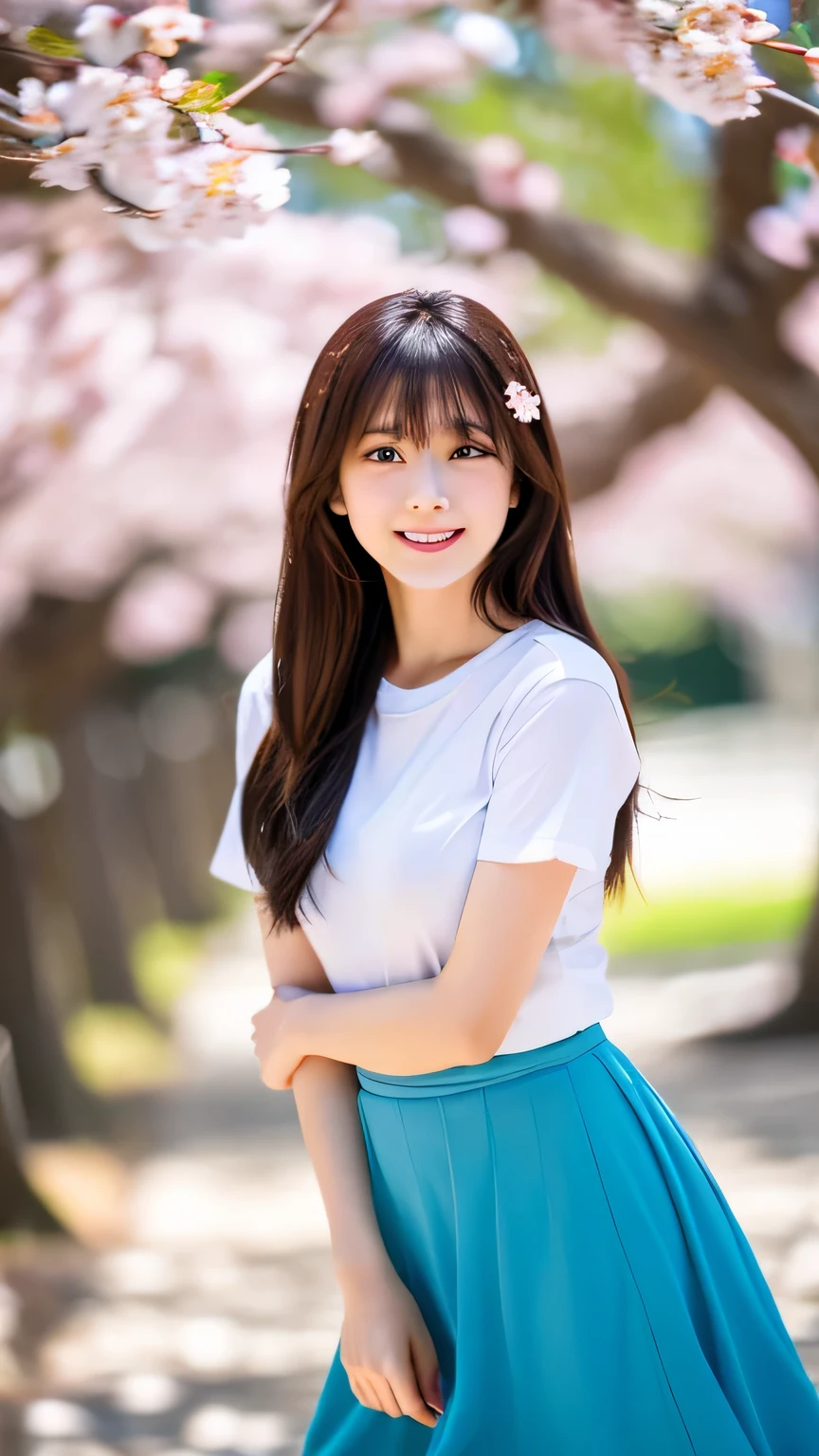 highest quality,masterpiece,32k,Depth of the bounds written、blur background、professional lighting,cinematic lighting,Natural light all over the body,slim and smooth lines,beautiful japanese woman,beautiful japanese woman,looking at camera,cherry blossoms,Wind,blue sky:,long hair,T-shirt,skirt,Hilarious,