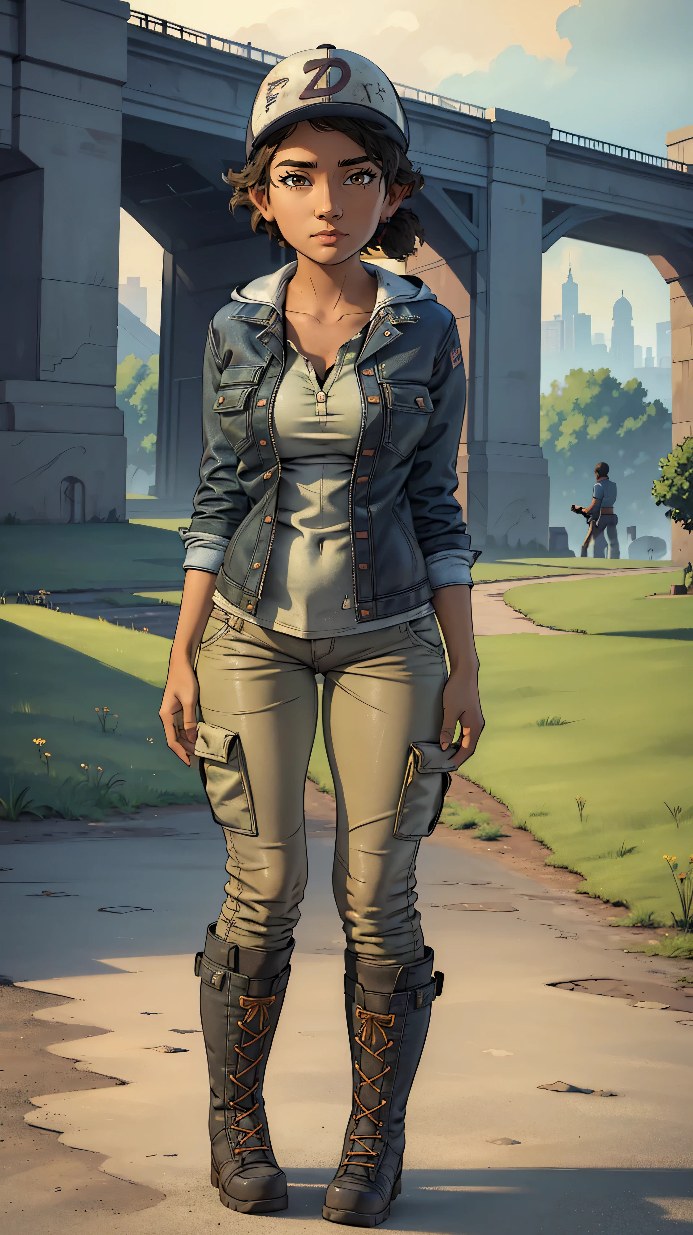 ((masterpiece, best quality)),(complex lighting) ,solo,(((1girl))) ,clementine, light skin,light-skinned female, baseball cap, green cargo pants, brown eyes, tight pants, combat boots, shirt, short hair, one short ponytail, open denim jacket, huge butt, thicc butt , (((8k))), (((full body))), (((bent over))), (((looking at the viewer))), (((view from in front of her))), big breasts