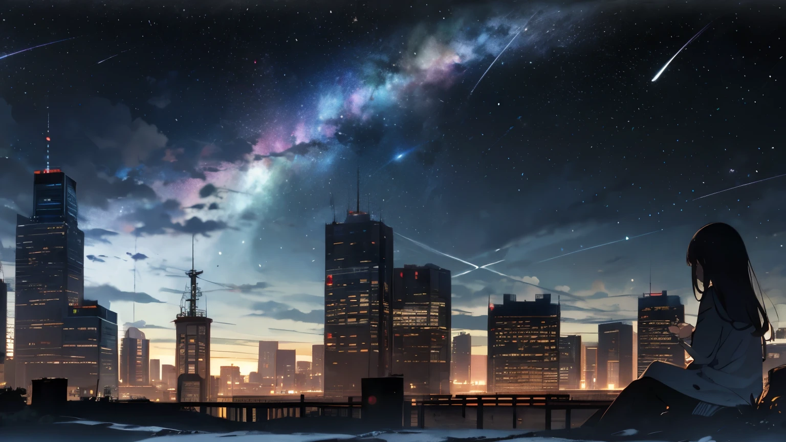 null, star (null), scenery, starry null, night, 1 girl, night null, alone, outdoor, building, cloud, milky way, sitting, wood, long hair, city, silhouette, cityscape