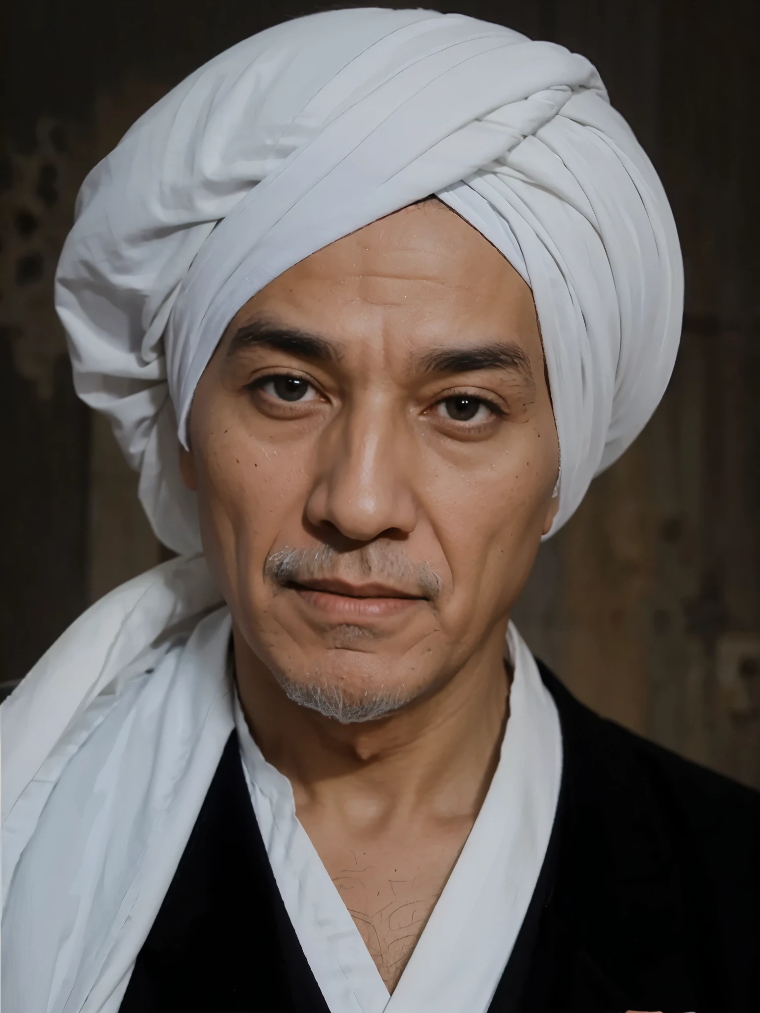 An old male Islamic cleric wearing a turban and black suit