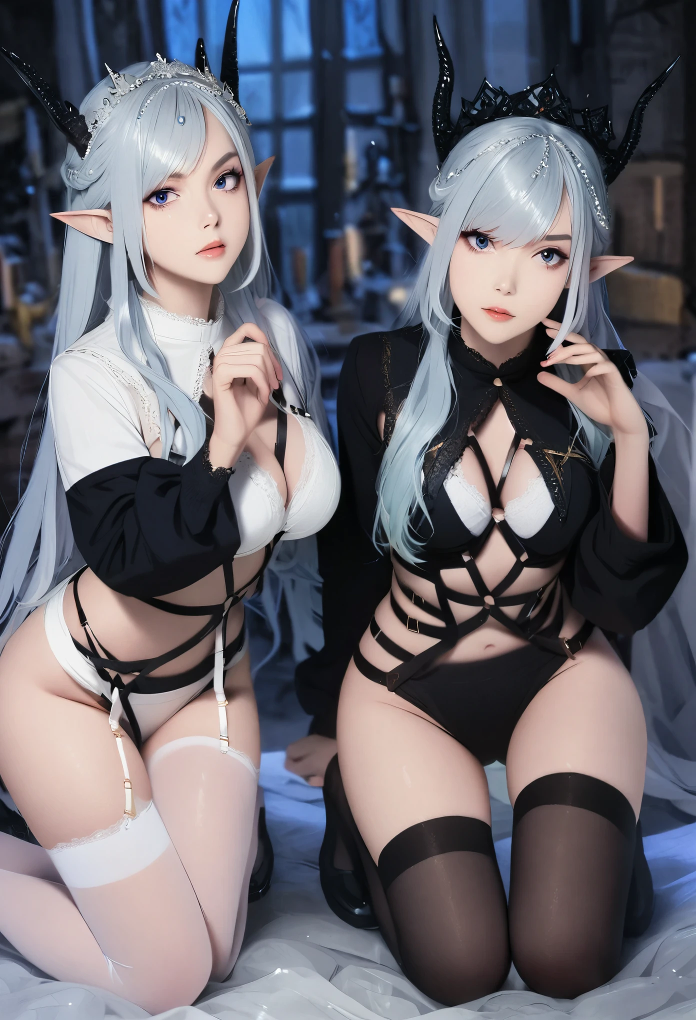 Dark Elf, 2girls, pointy ears, thighhighs, long hair, kneeling, black hair, looking at viewer, white hair, magic movie scene