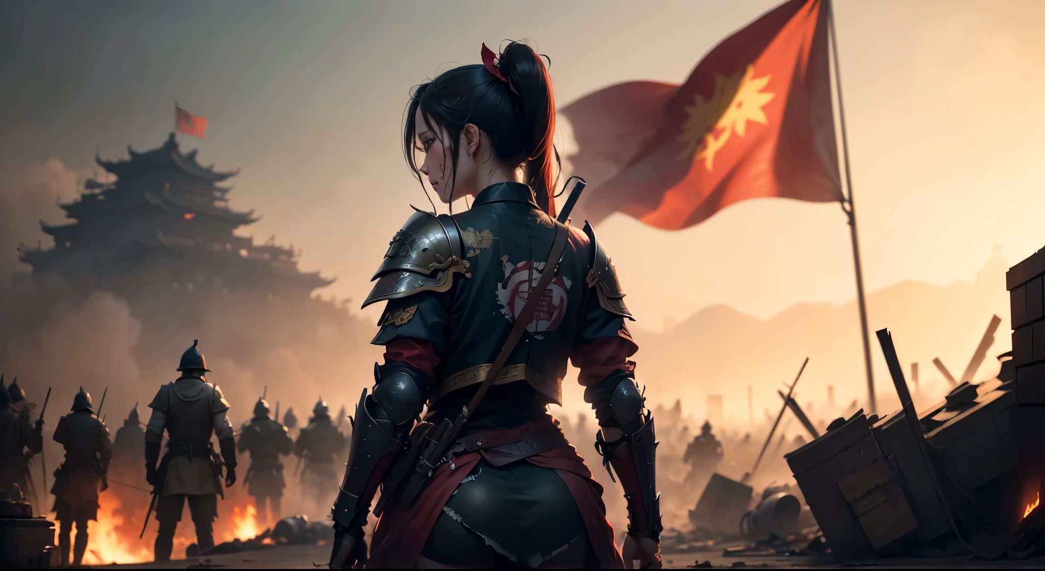Epic scenes,（(Bloody Chinese battlefield，A woman in armor holds a tattered red flag，Corpses everywhere，Rich scene details，in the midst of war))，((8k+ultra high resolution+ultra high definition+masterpiece+detailed)),(high ponytail)