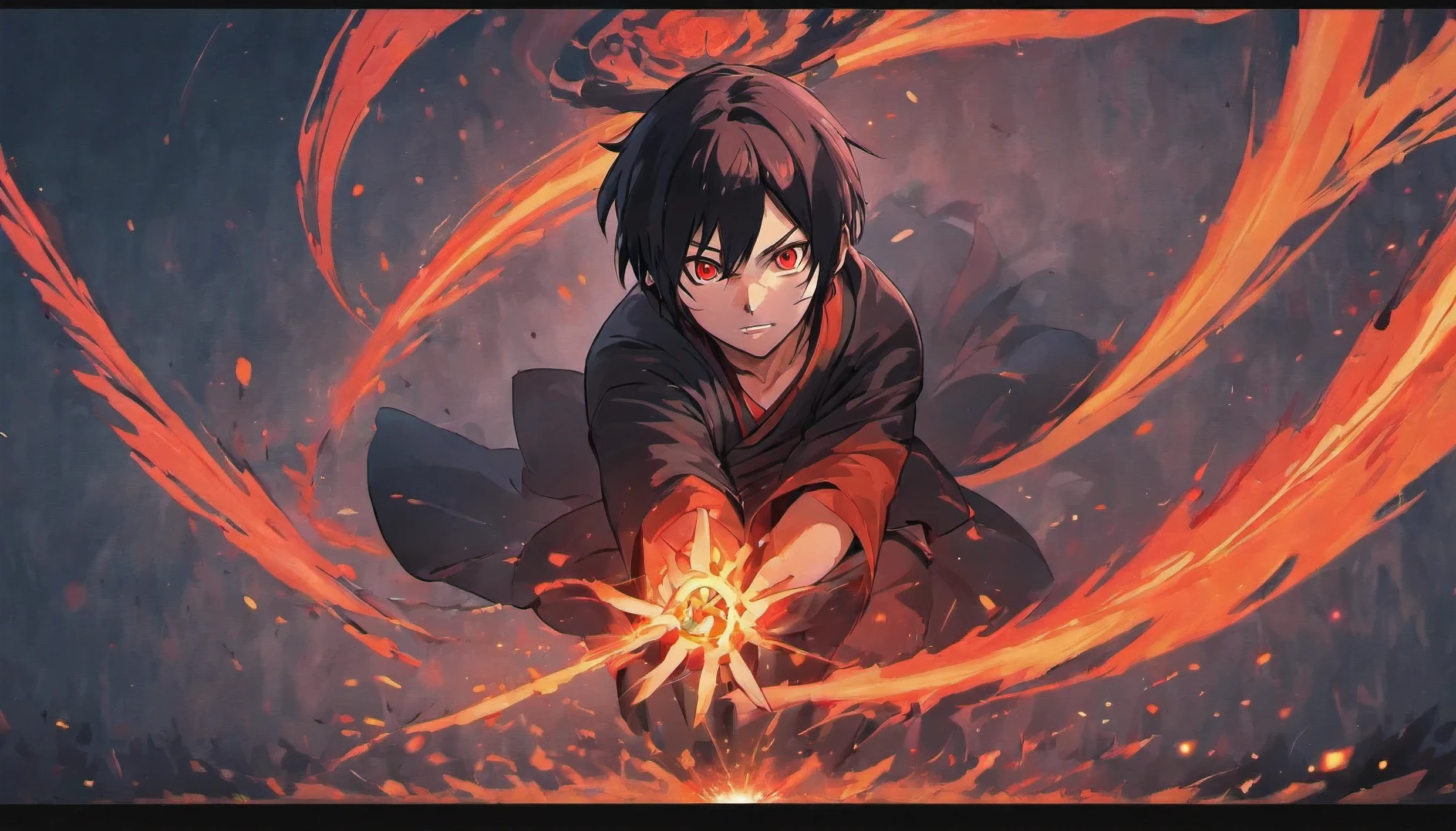 ' Design a powerful wallpaper showcasing the formidable (("Itachi Uchiha")). Itachi should be depicted in a captivating and commanding pose, with his Sharingan activated. The background should feature the Sharingan, creating an aura of intensity and power. Ensure the wallpaper exudes an aura of strength and captivates the viewer with its visual impact.