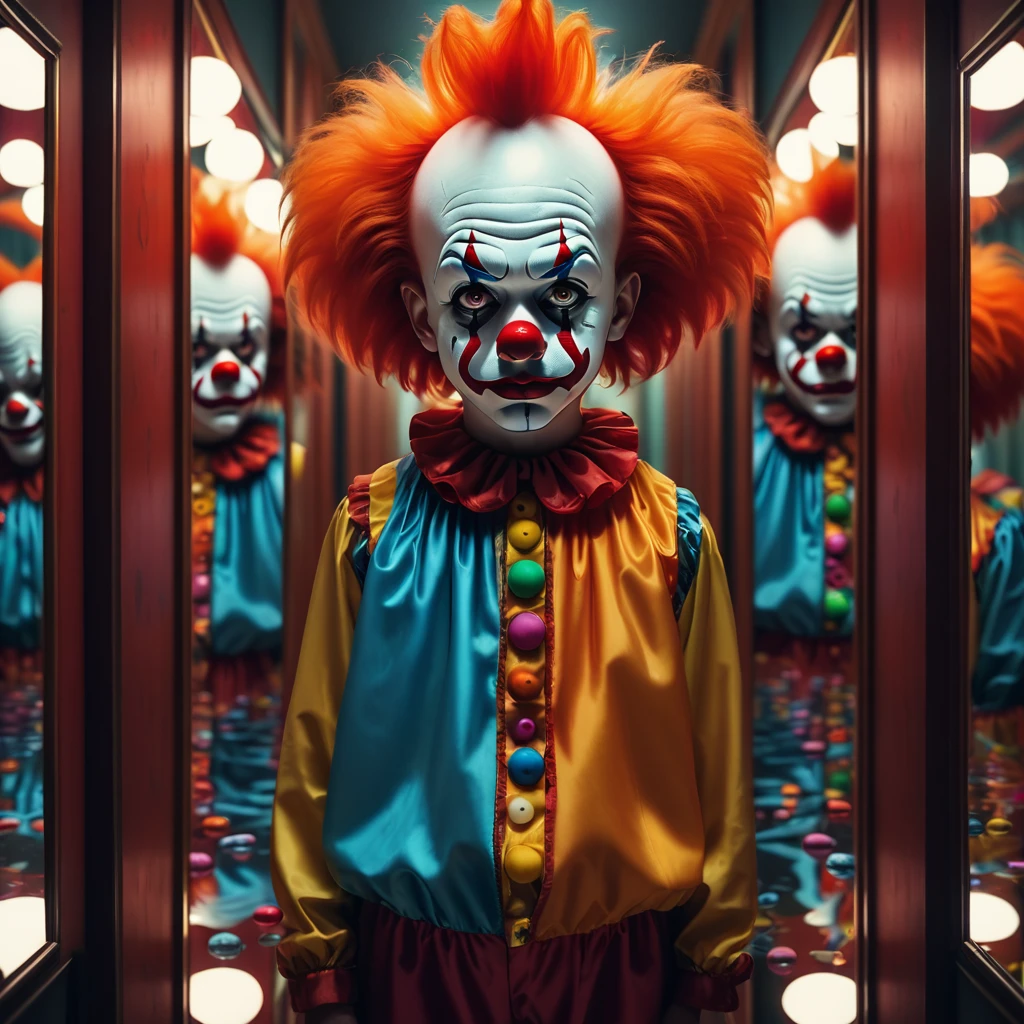 (best quality,4k,highres:1.2),a room full of mirrors,a sad clown,reflection in all the mirrors,vivid colors,extremely detailed,contrast lighting,sharp focus,detailed facial expression.