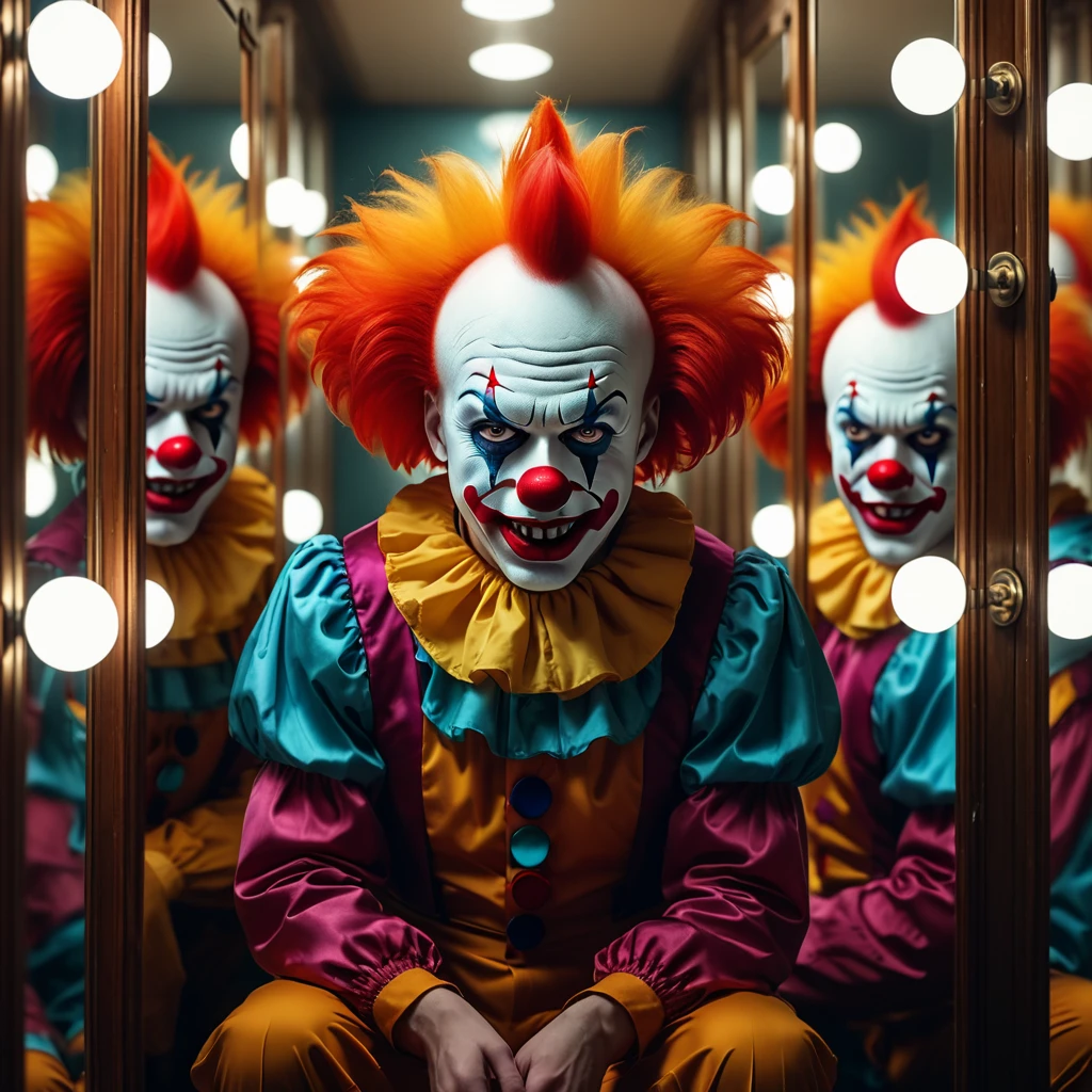 (best quality,4k,highres:1.2),a room full of mirrors,a sad clown,reflection in all the mirrors,vivid colors,extremely detailed,contrast lighting,sharp focus,detailed facial expression.