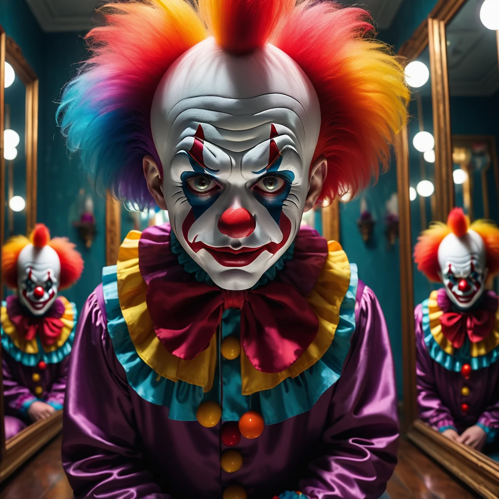 (best quality,4k,highres:1.2),a room full of mirrors,a sad clown,reflection in all the mirrors,vivid colors,extremely detailed,contrast lighting,sharp focus,detailed facial expression.