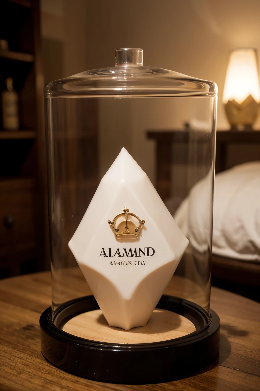 Almond-shaped perfume container, oval above and triangular reaching the base made of black glass, with 3 vertical divisions for the different aromas, with a transparent label with white letters that says TRIPLEX with a golden crown and a crown-shaped lid with black tips

