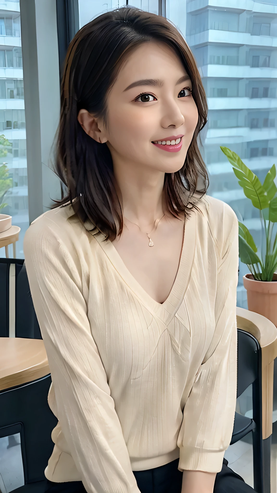 table top, highest quality, Photoreal, finely, High resolution, 8k wallpaper, perfect dynamic composition, finelyて美しい目, medium hair, big and full breasts, random sexy pose,chest to chest、(super tight black knit))、(Breast bulge 1.2)、laughter、open your mouth、resort scenery、21 years old、(droopy eyes 1.4)、adult beauty、whole body、beautiful feet、sitting、from the back