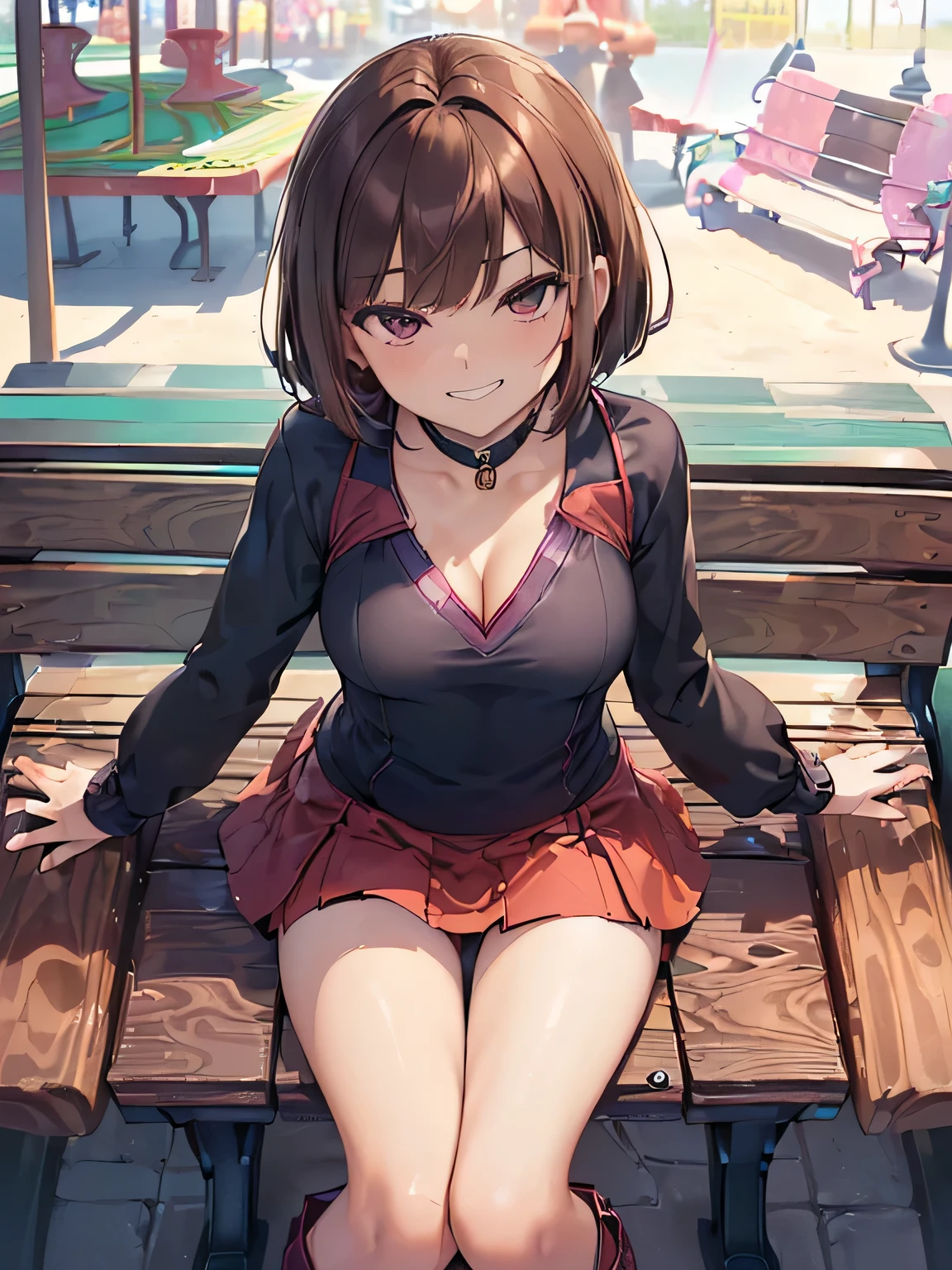 (masterpiece、highest quality、High resolution、realistic pictures、real looking skin:1.1)、
(A woman is sitting on a bench in a shopping mall:1.8)、
(The skirt is so short that you can almost see her panties.:1.8)、
(looking at her from a slightly higher perspective:1.8)、
(A provocative and grinning expression:1.8)、
(I am wearing a dark blue long-sleeved V-neck knit and a bare top underneath.:1.8)、
(I'm wearing a tiered flared miniskirt that's almost red-orange.:1.8)、
(I am wearing black middle boots.:1.8)、
(The panties are purple and have a pattern on them.:1.5)、
(Bra and panties are always included:1.5)、
(brown short hair:1.5)、
(small face:1.5)、
(she is 22 years old:1.5)、
(Her breasts are D cup, so you can see her cleavage from the V neck.:1.5)、
(The place is a bench in a shopping mall.:1.5)、
1 Japanese girl、solo、full body esbian、beautiful eyes、shining eyes、Shining thighs、NSFW