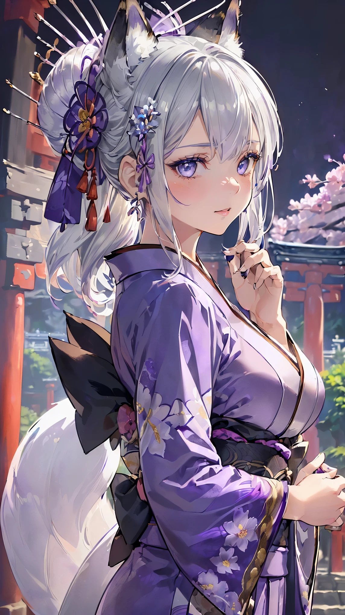 (((Masterpiece))), (((Highest quality))), ((Ultra-detailed)), ((Super fine illustration)), ((Ultra-fine painting)), (16K highest quality wallpaper:1.4), (Upper body:1.6), HDR, (Highly detailed and delicate illustration style:1.8), Detailed skin texture, Detailed cloth texture, Extreme detailed description, (T-masterpiece), (Highly detailed face:1.2), (Highly detailed silver fox ears:1.4), (Highly detailed shiny half updo:1.2), (Highly detailed beautiful eyes:1.2), (Highly detailed silver nine tails:1.2), Original, RAW photo, Professional, Intricate details, Super details, Direct light:1.6, (Perfect anatomy:1.4), (Highly detailed hands:1.2), (Highly detailed fingers:1.2), (Highly detailed fingertips:1.2), (27-years-old), Real, (Solo:1.6), ((A very beautiful and attractive silver fox model wearing a bright purple kimono with a floral pattern:1.4)) BRAKE (Beautiful and adorable silver fox ears:1.6), (Highly detailed and delicate silver fox ears:1.2), (Beautiful and well-shaped big breasts:1.2), (Beautiful and well-shaped buttocks), (Beautiful and shiny silver half updo:1.6), (Highly detailed and delicate silver half updo:1.2), (Beautiful clear blue eyes that shine with great detail:1.6), (Highly detailed and delicate blue eyes:1.2), (Highly detailed face:1.4), (Smile:1.3), (Blush:1.2), (Looking at viewer:1.4) BRAKE ((Bright purple:1.4) long-sleeved kimono with floral pattern:1.4), (Japanese traditional costume:1.2) BRAKE (Highly detailed and beautiful Ise Grand Shrine in Mie Prefecture just after noon in the background:1.6), Torii gate of Ise Shrine:1.2, Grounds of Ise Shrine:1.2, Highly beautiful in the sunny sky background just after noon:1.4 BRAKE