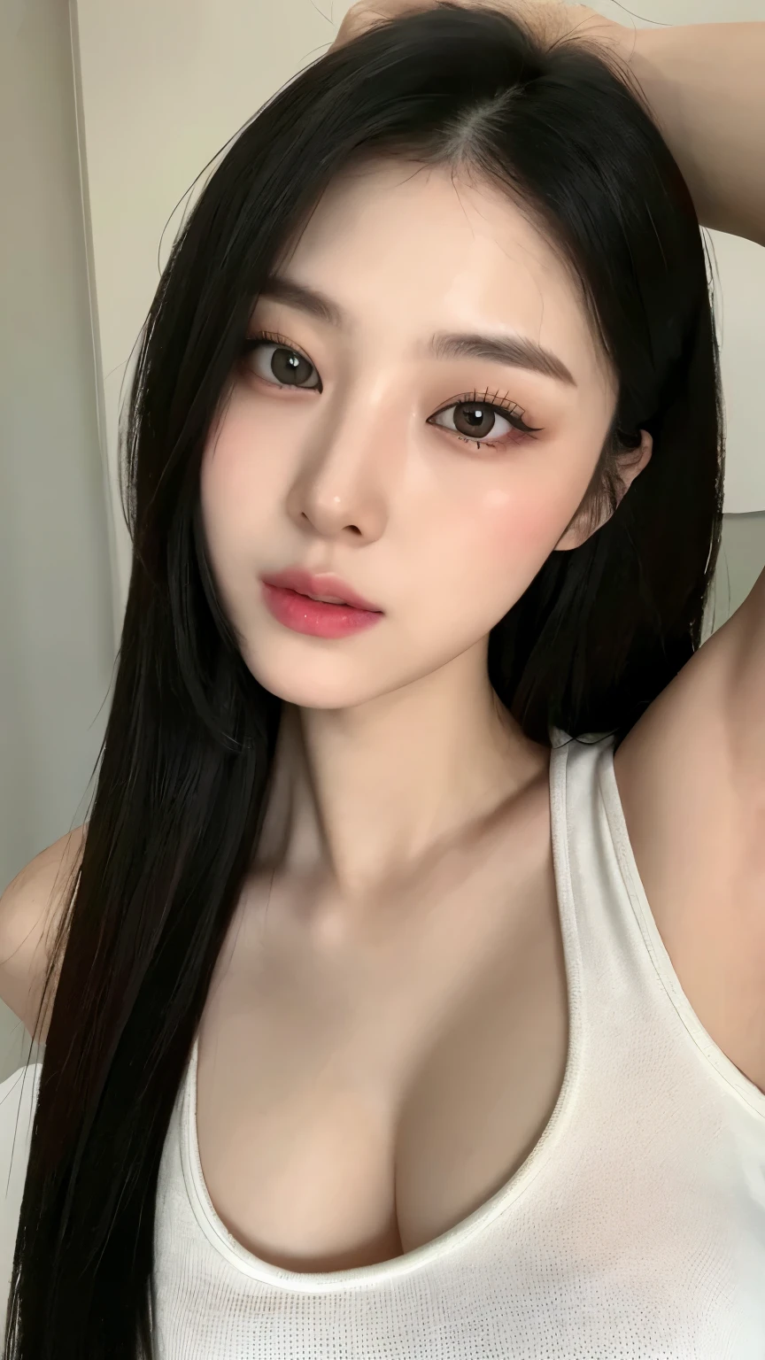 （lifelike， High resolution：1.3）， 1 Girl with perfect body， very detailed face and eyes，black hair, long hair， white tank top：1.2， big ，expose cleavage,　full body description,　exy pose