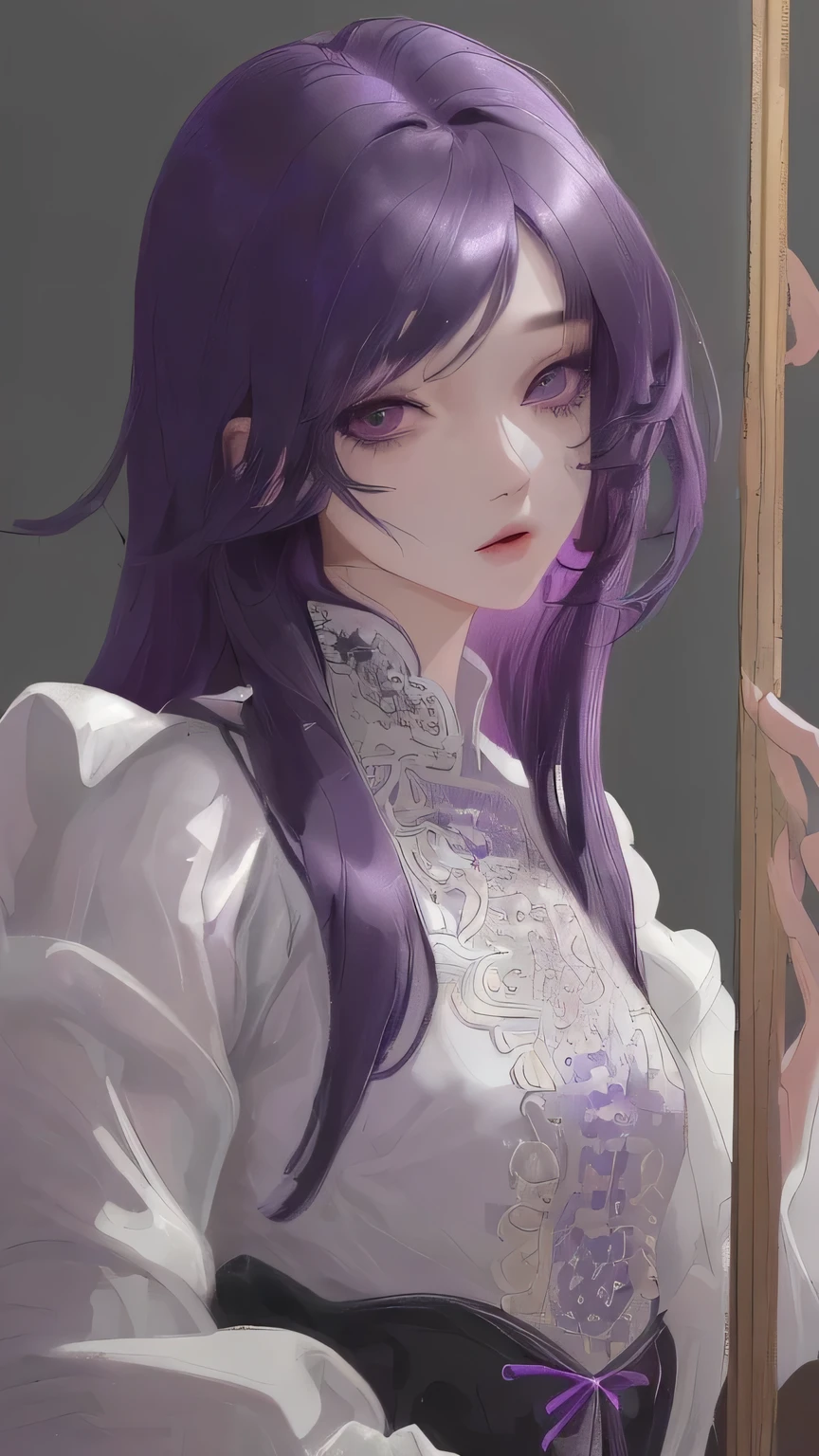 (work: 1.2, best quality), (real picture, intricate details), 1 man, soft painting, facing the viewer, K-pop idol, clear eyes, dark purple hair, best visual.