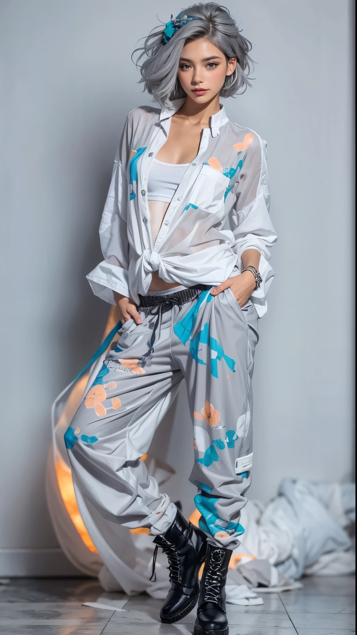 (fashion portrait:1.2), (ultra detailed, beautiful, best quality:1.2), (medium hair, arranged hairstyle, gray hair:1.4), shiny hair, BREAK (all body shot:1.2), (standing, fashion model pose:1.2), (gray simple blurry background:1.4), (mist, fog:1.4), (white theme:1.2), (short white shirt:1.2), (white harem pants:1.2), (7/8 length:1.2), (combat boots:1.2), (loose-fitting accessories),