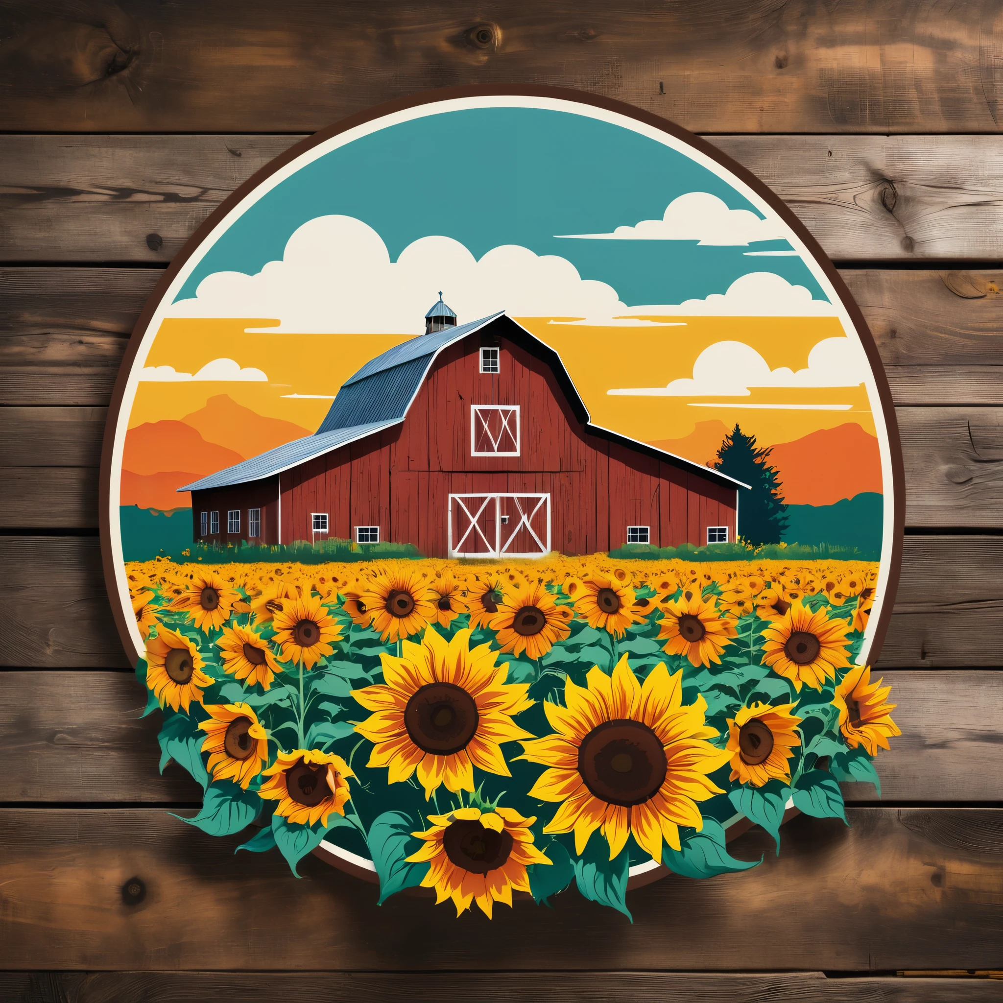 a rustic logo with a barn surrounded by vibrant sunflowers in a field, no background