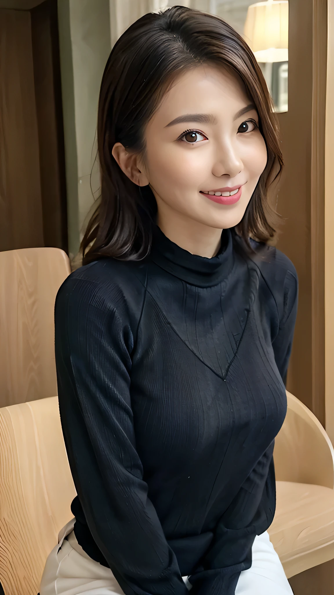 table top, highest quality, Photoreal, finely, High resolution, 8k wallpaper, perfect dynamic composition, finelyて美しい目, medium hair, big and full breasts, random sexy pose,chest to chest、(super tight black knit))、(Breast bulge 1.2)、laughter、open your mouth、resort scenery、21 years old、(droopy eyes 1.4)、adult beauty、whole body、beautiful feet、squat、from the back