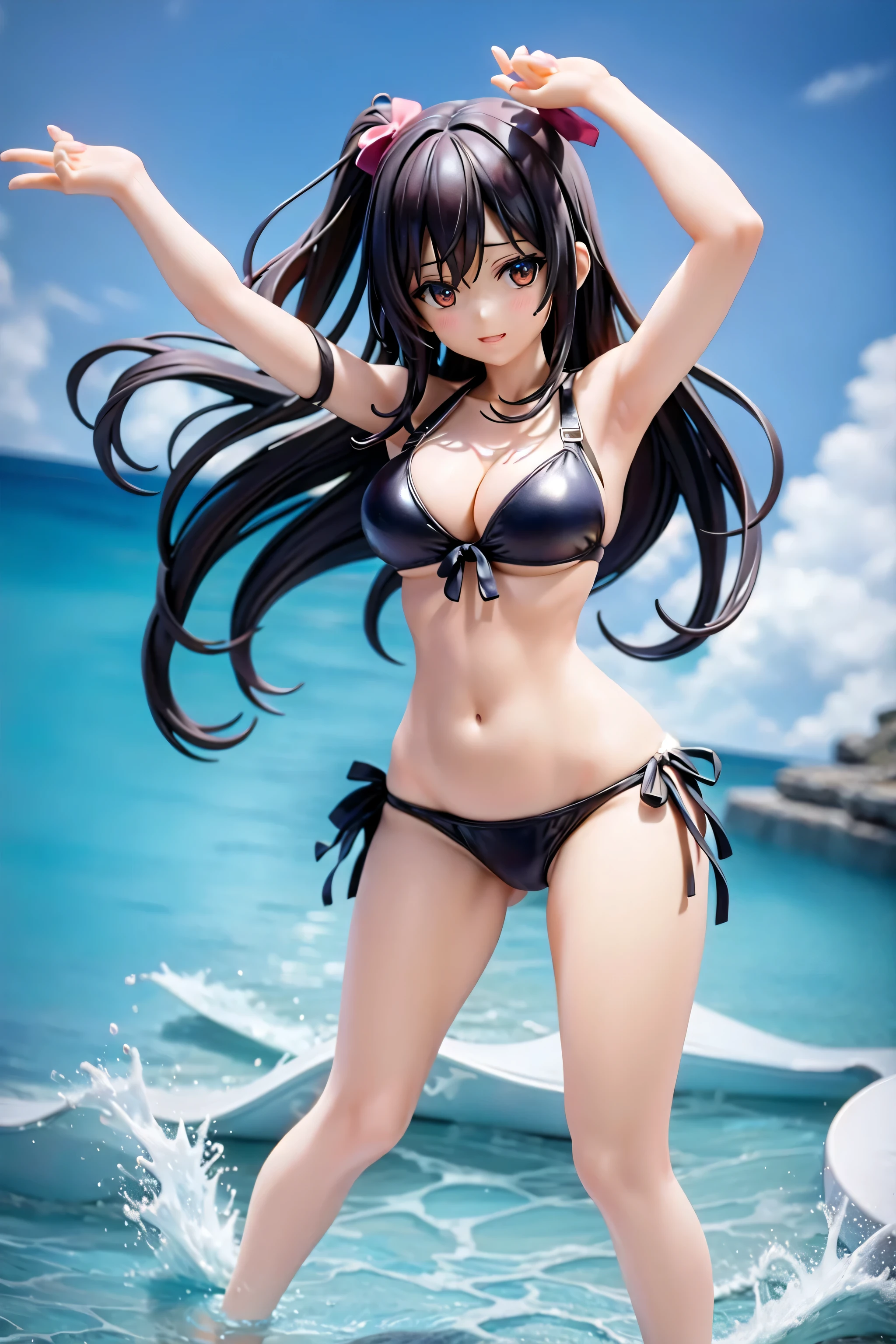 Mujer arafed en bikini posando en un muelle junto a un cuerpo de agua, bikini realista, chica anime seductora, ( figura muy detallada ), swimsuit, anime muy detallado, por Jin Homura, shiina mayuri, hermosa y seductora mujer anime, cuerpo perfecto fotorrealista, render fotorrealista de chica anime, in bikini, tifa, is wearing a swimsuit