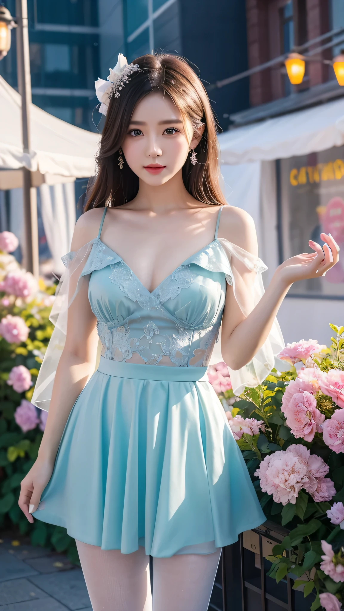 movie照片独奏,1 girl,,lace edge_skirt,Dichroism_pantyhose,big breasts,(colored hair:0.1),beautiful girl standing on flowers,Every detail on the face is perfect,The details of the characters are also exquisite..,fashion portrait,bright colors,cute background,panorama,Large Diameter,Making of bubble mart,Delicate luster,8K gradient translucent glass melt,Frosted glass,masterpiece, highest quality,, super real,lively,16k,high detail,High resolution ，movie, Bokeh, Professional, 4k, very detailed