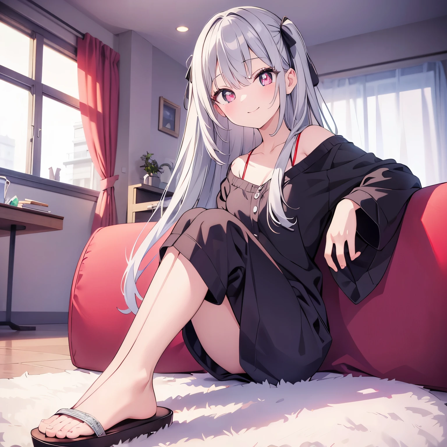 (masterpiece, best quality) girl，（long silver hair，black pupils）girl，，wearing pajamas（Sitting on the sofa，wearing slippers），early morning，expression（Smile）