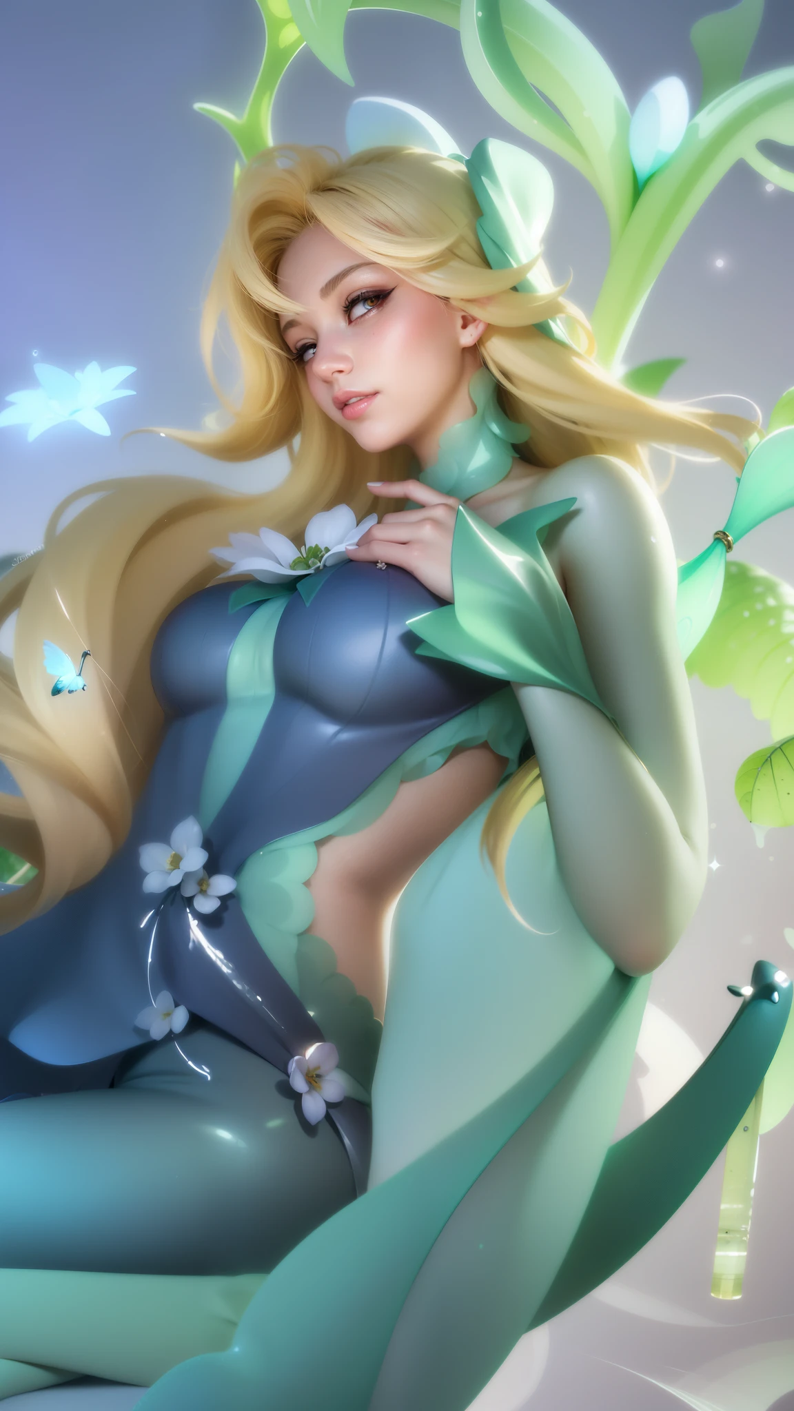 (8k, RAW photo, photorealistic:1.25) ,( lipgloss, eyelashes, gloss-face, glossy skin, best quality, ultra highres, depth of field, chromatic aberration, caustics, Broad lighting, natural shading, looking at viewer with a serene and goddess-like happiness, there is a woman sitting on a rock with a fish in her hand, extremely detailed artgerm, style artgerm, ! dream artgerm, goddess of nature, artgerm lau, style of artgerm, artgerm. high detail, goddess of spring, rossdraws 1. 0, in style of artgerm, artgerm style