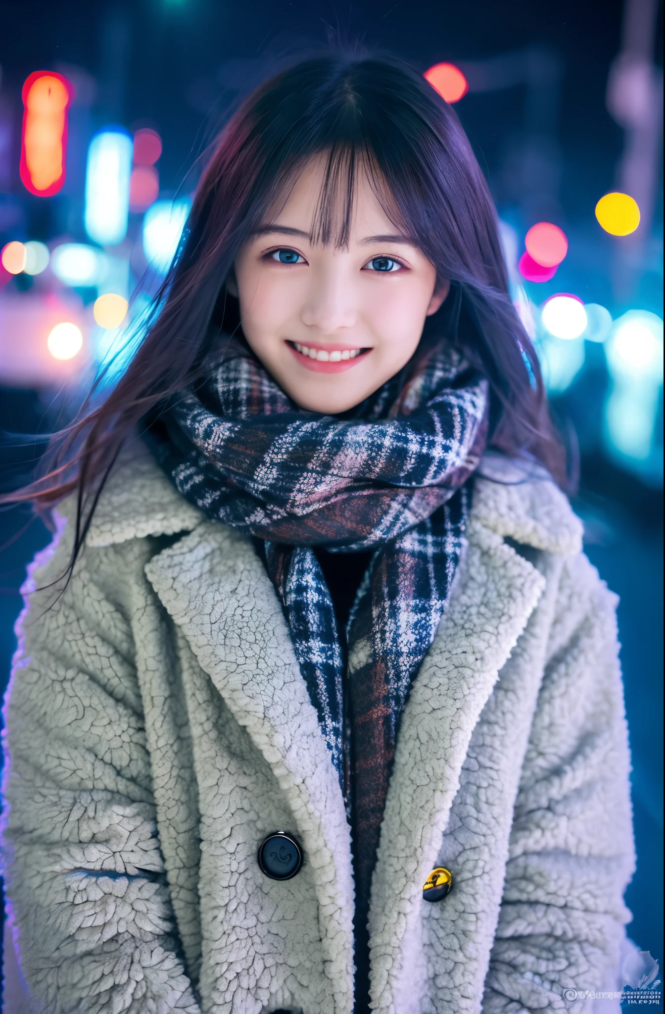 highest quality, masterpiece, ultra high resolution, (realistic:1.4), RAW photo, 1 girl、shiny skin, dramatic lighting, whole body,、Japanese, complete raw body, Show all charms、smile、snowy neon street、Scarf、coat
